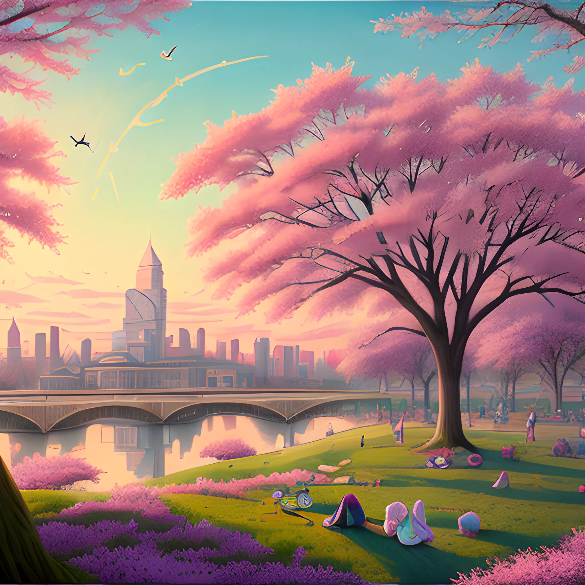 Original style, Mary Alligan and Loish at the dawn of spring, panoramic wide angle photo, Beaux Arts and Memphis style, best quality, high resolution, extremely detailed