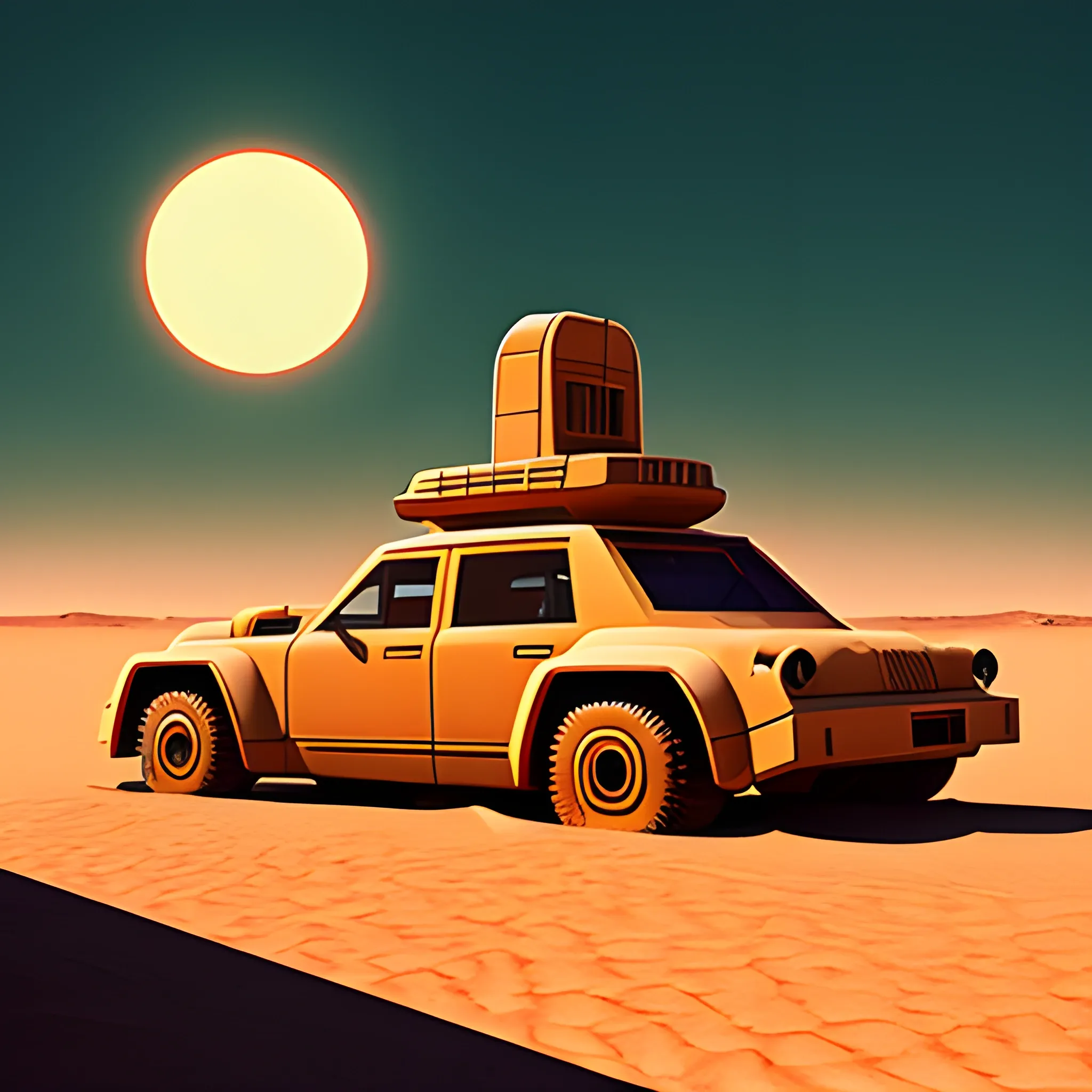 A huge ship in the sand of a desert with the sun on the horizon in retro future style