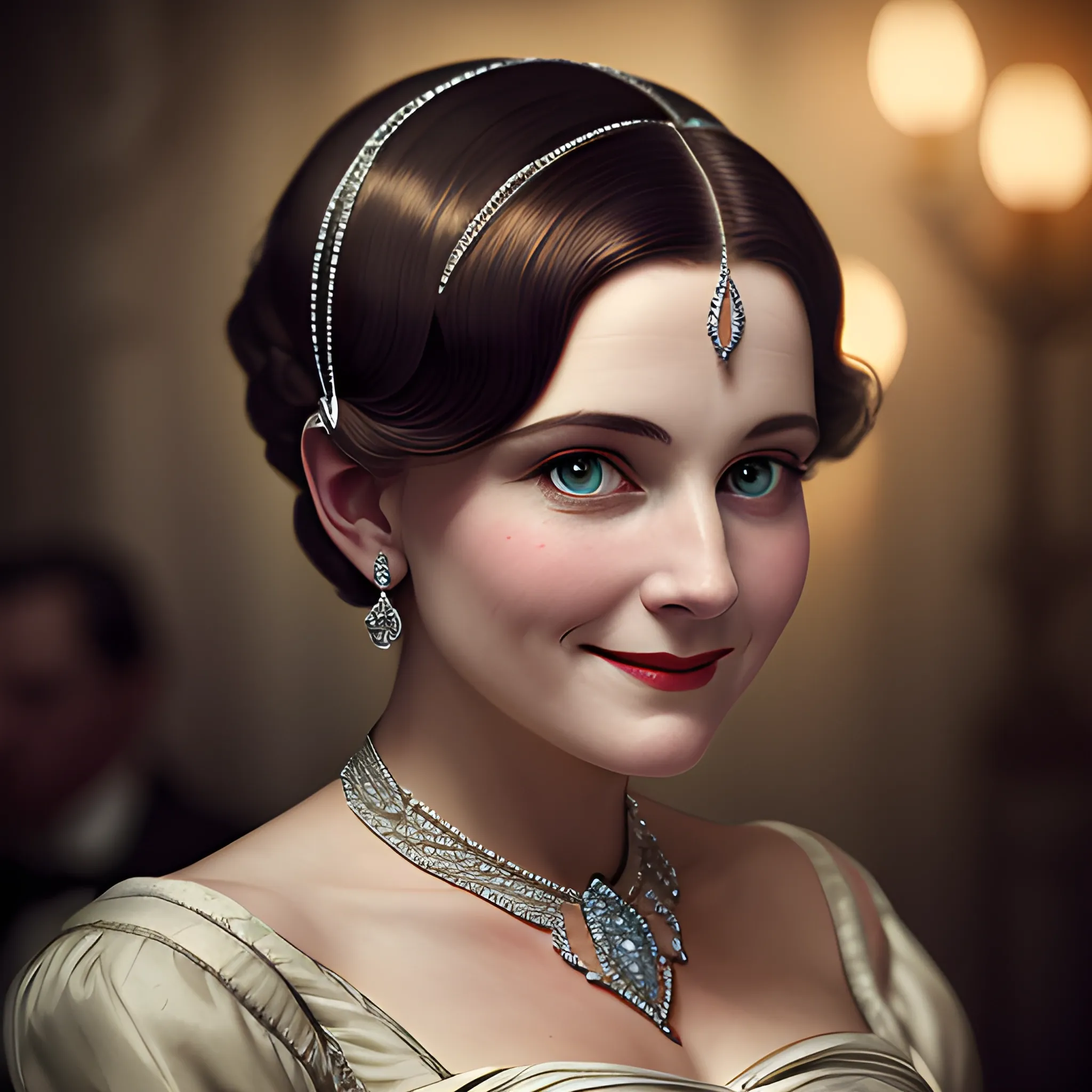8k, Masterpiece, beautiful lady looking at her fiancee of camera, smiles , in period costume, in the style of the Great Gatsby, studio Dark light, rim light, stunningly beautiful, matte, award-winning, cinematic quality, photorealism
