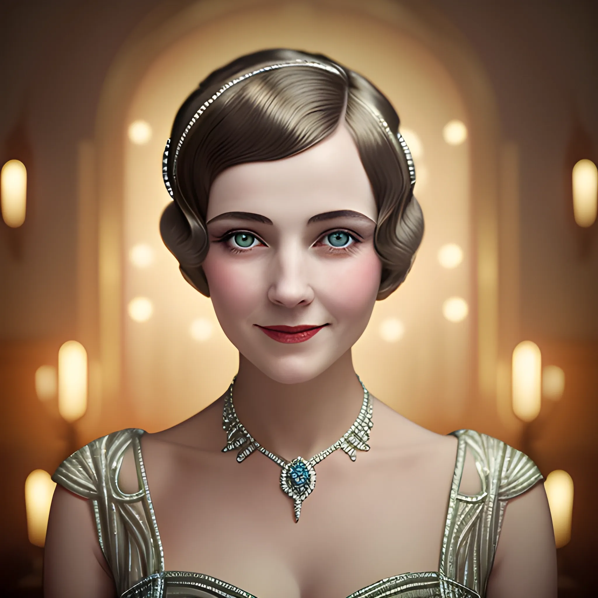 8k, Masterpiece, beautiful lady looking at her fiancee of camera, smiles , in period costume, in the style of the Great Gatsby, studio Dark light, rim light, stunningly beautiful, matte, award-winning, cinematic quality, photorealism
