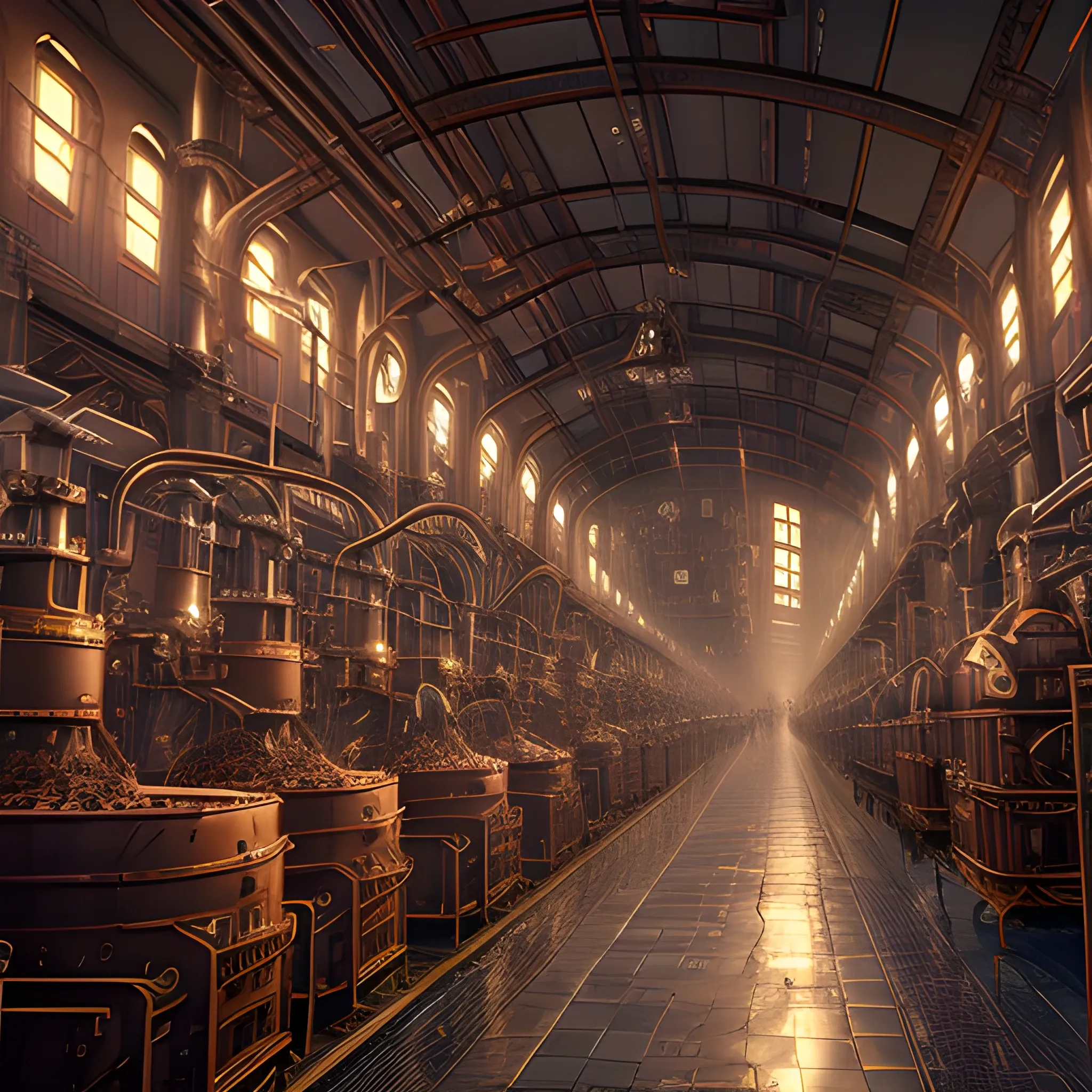 8k, Masterpiece, steampunk chocolate factory overflowing with liquid chocolate, chocolate assembly lines, matte, award-winning, cinematic quality, photorealism
