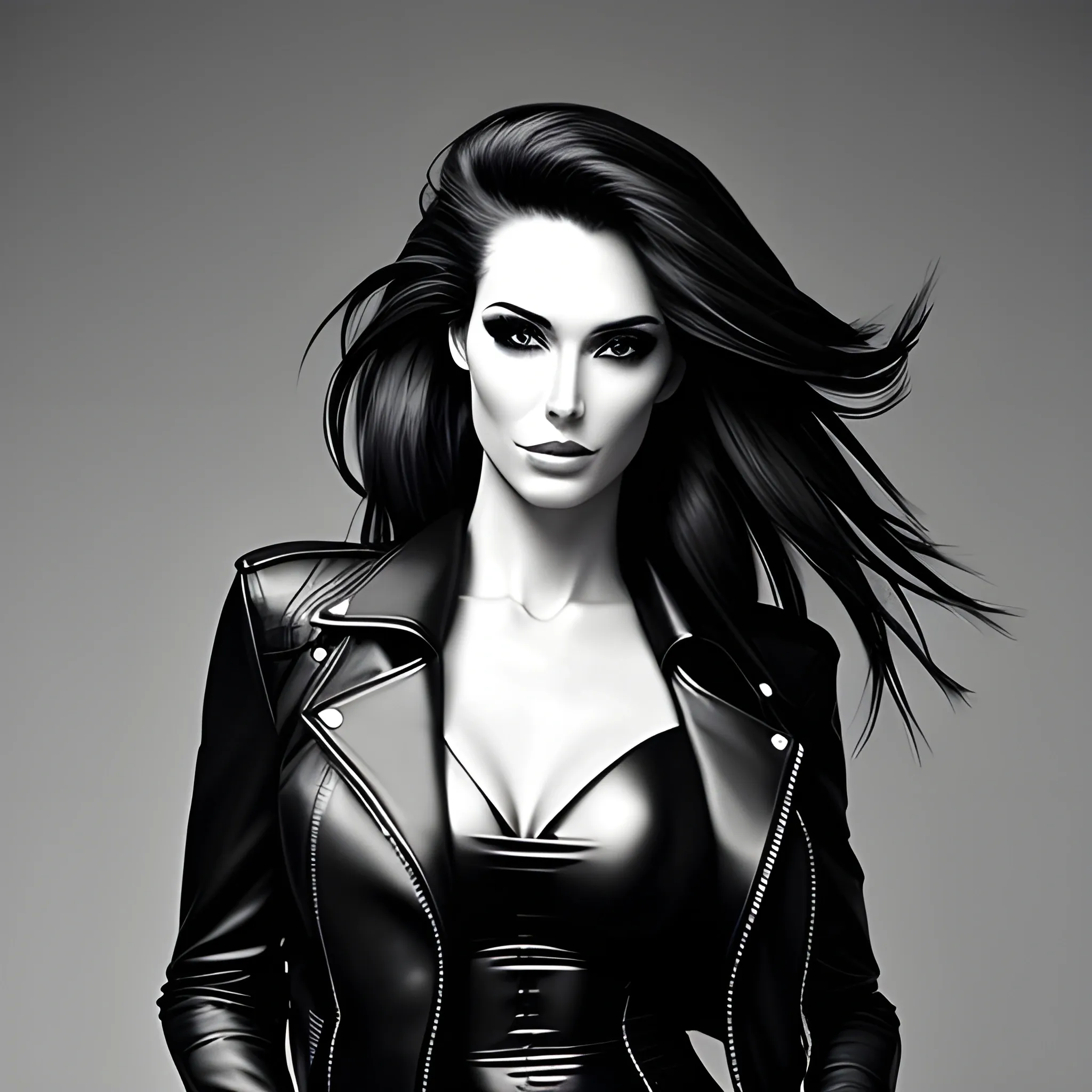 Black and white portrait of beautiful girl with long messy hair and stunning black leather jacket, stunning, no background, photo