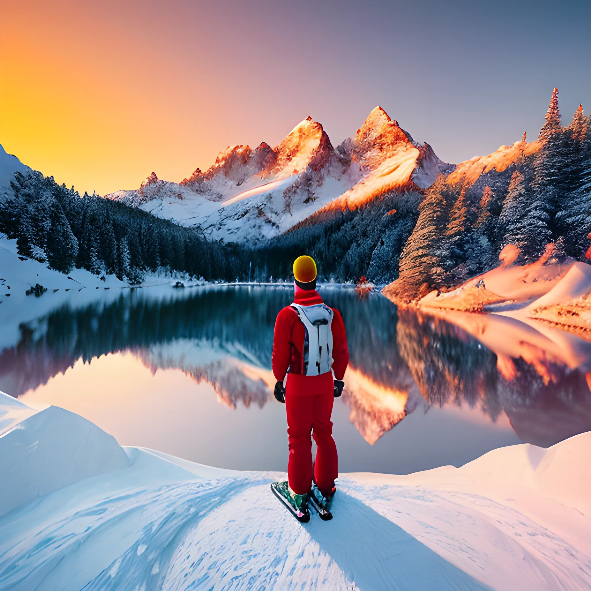 A snow-capped mountain range, a glistening lake nestled among the peaks, and tall pine trees surrounding the serene landscape. At the edge of the lake, a man stands with his back to the viewer, dressed in vibrant red and white skiing attire, ready to embrace the sunrise. The sun begins to rise on the horizon, casting a warm golden glow over the snowy peaks. The vastness of the landscape is captured in a sweeping cinematic shot with a wide-angle lens, enhancing the immersive experience. The image is of superrealistic 16k quality, showcasing every intricate detail of the majestic mountainous scene., 3D