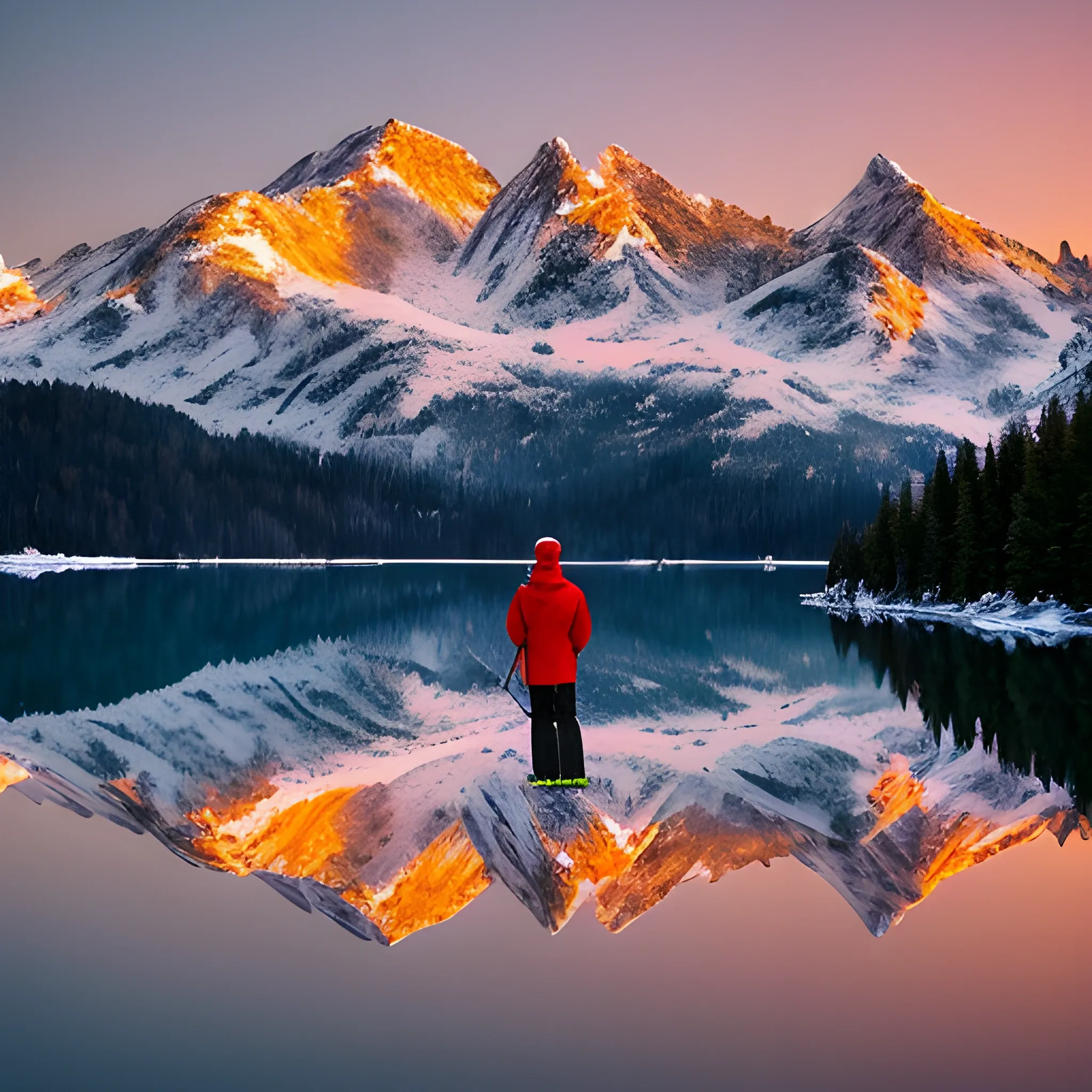 A snow-capped mountain range, a glistening lake nestled among the peaks, and tall pine trees surrounding the serene landscape. At the edge of the lake, a man stands with his back to the viewer, dressed in vibrant red and white skiing attire, ready to embrace the sunrise. The sun begins to rise on the horizon, casting a warm golden glow over the snowy peaks. The vastness of the landscape is captured in a sweeping cinematic shot with a wide-angle lens, enhancing the immersive experience. The image is of superrealistic 16k quality, showcasing every intricate detail of the majestic mountainous scene., 3D