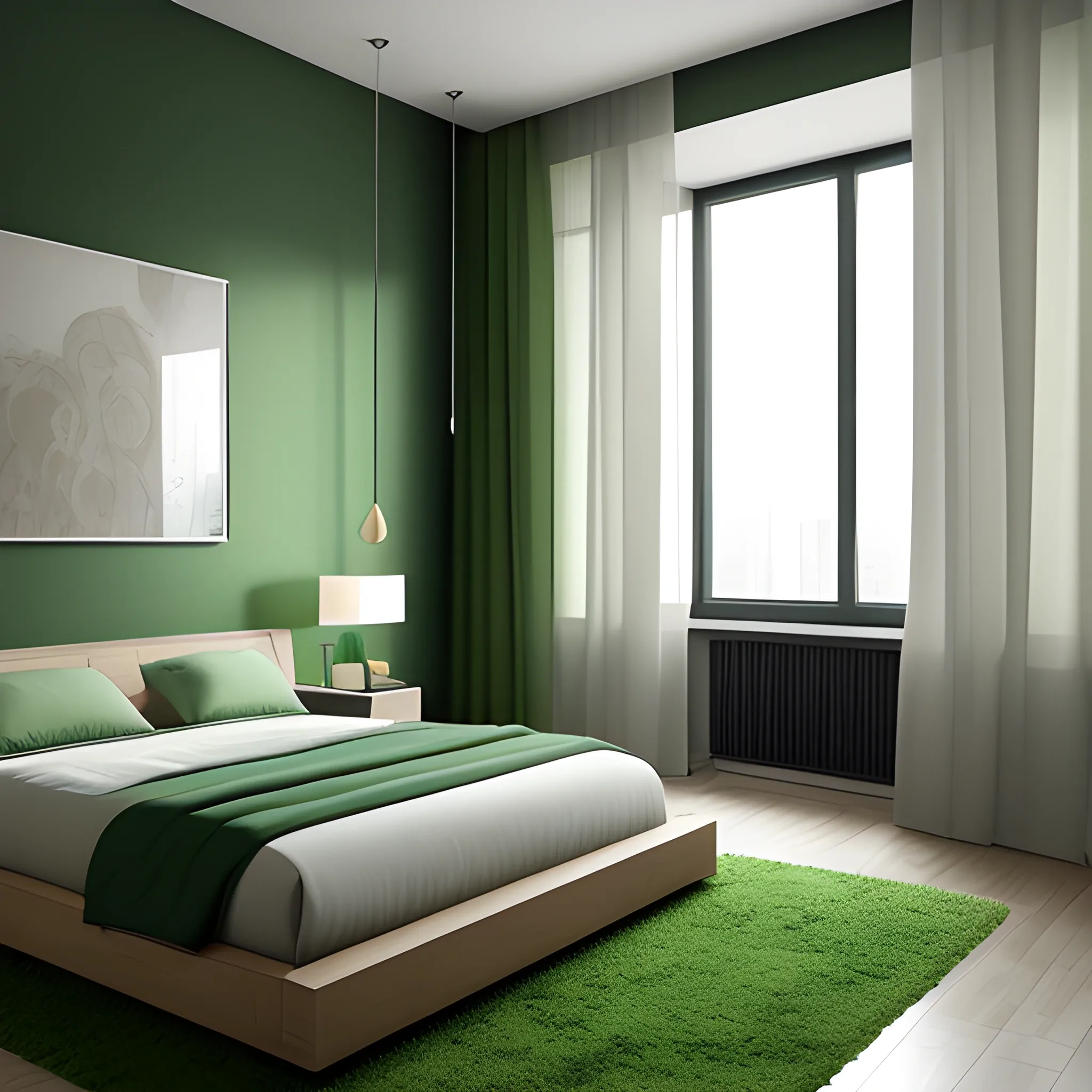 Bedroom,Modern Style Bed,Modern,Natural lighting,Green Color Palette,extremely detailed,8K,Hyperrealistic,