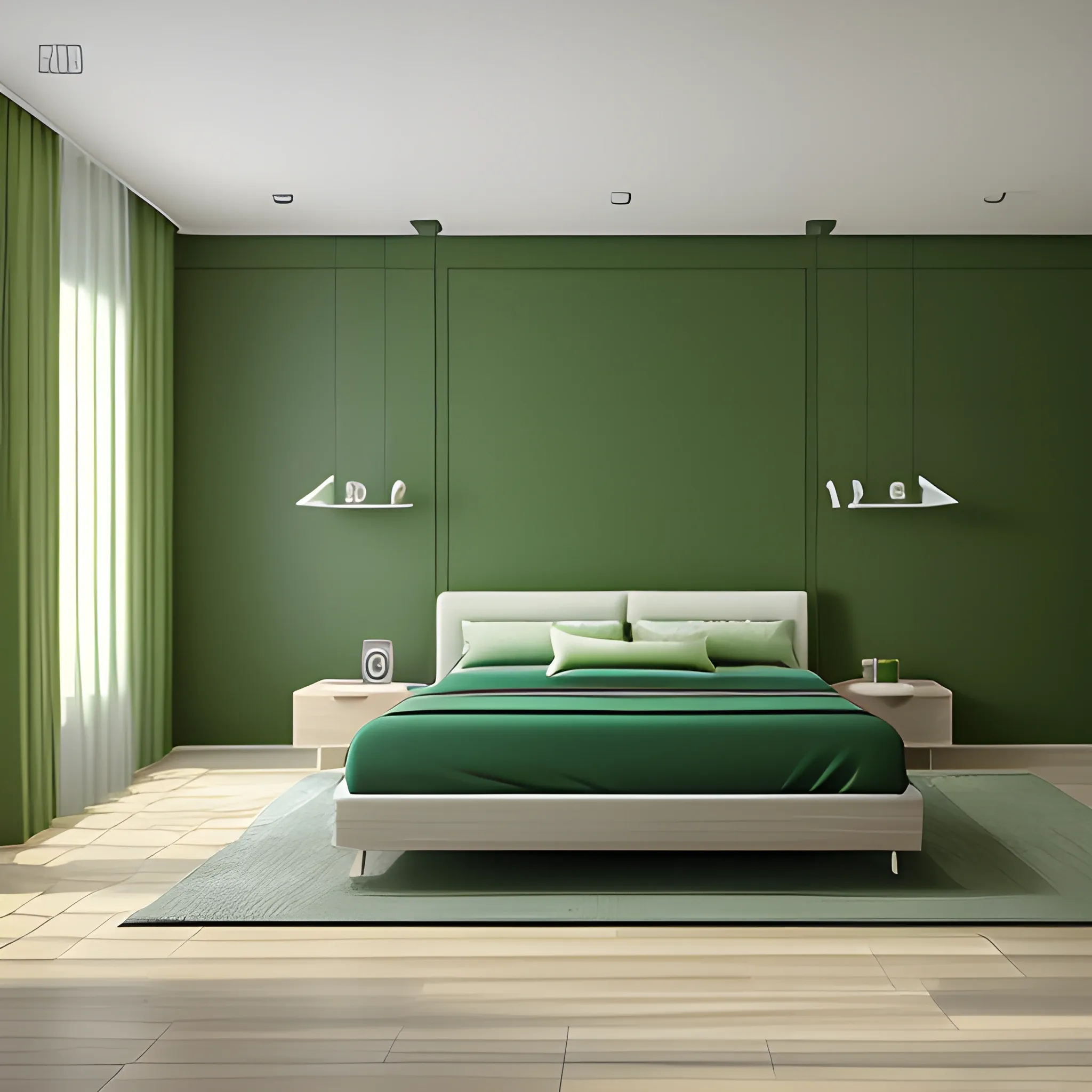 Living room,Modern Style Bed,Modern,Natural lighting,Green Color Palette,extremely detailed,8K,Hyperrealistic,