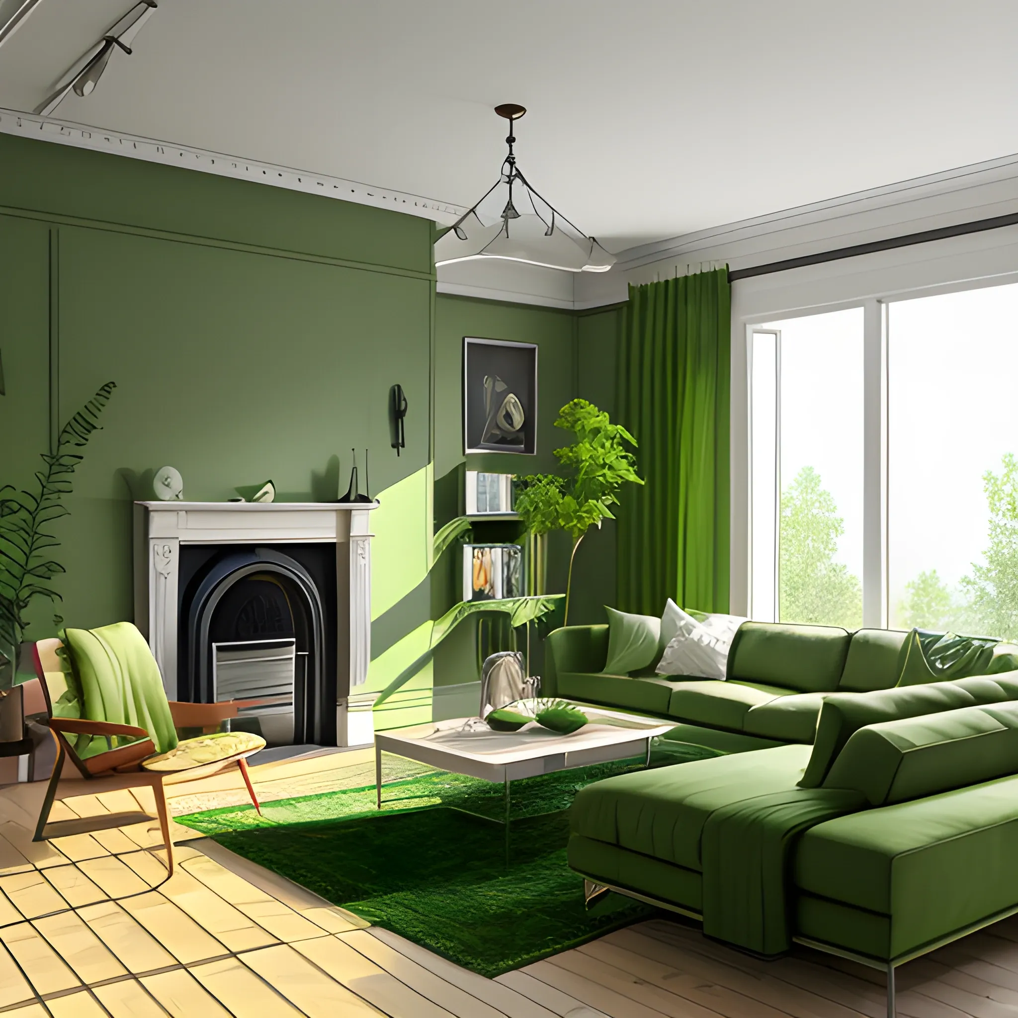 Living room,Modern,Natural lighting,Green Color Palette,extremely detailed,8K,Hyperrealistic,