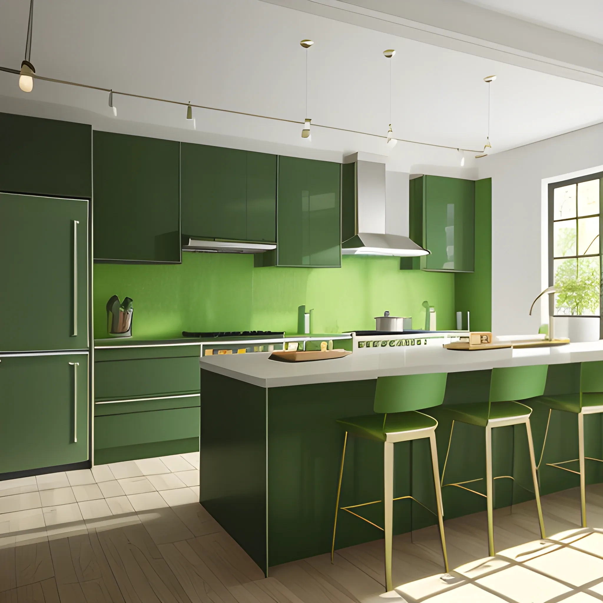 Kitchen,Modern,Natural lighting,Green Color Palette,extremely detailed,8K,Hyperrealistic,