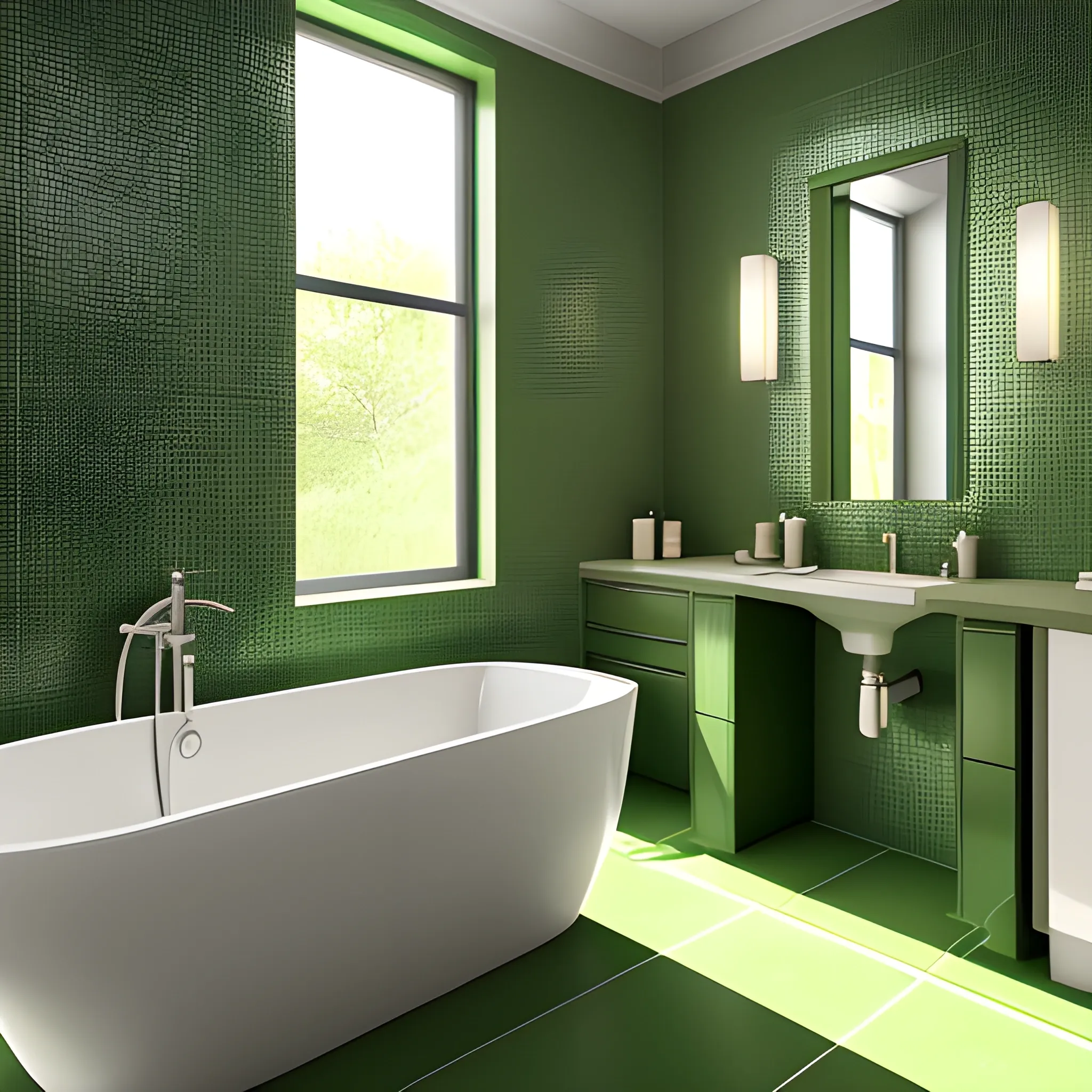 Bathroom,Modern,Natural lighting,Green Color Palette,extremely detailed,8K,Hyperrealistic,