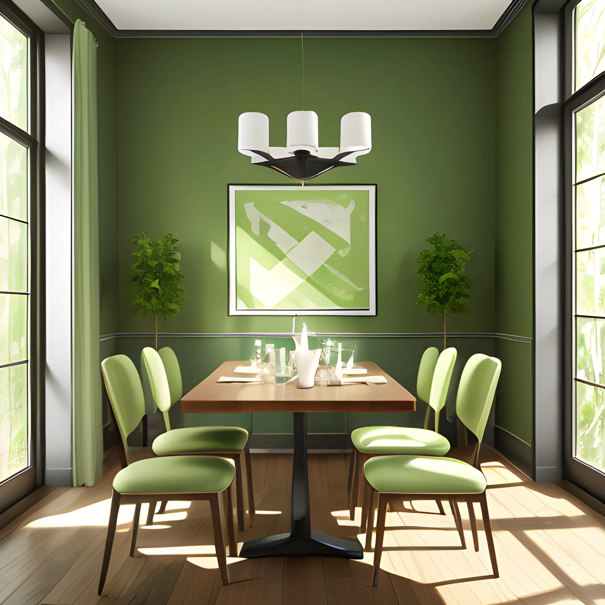 Dining room,Modern,Natural lighting,Green Color Palette,extremely detailed,8K,Hyperrealistic,