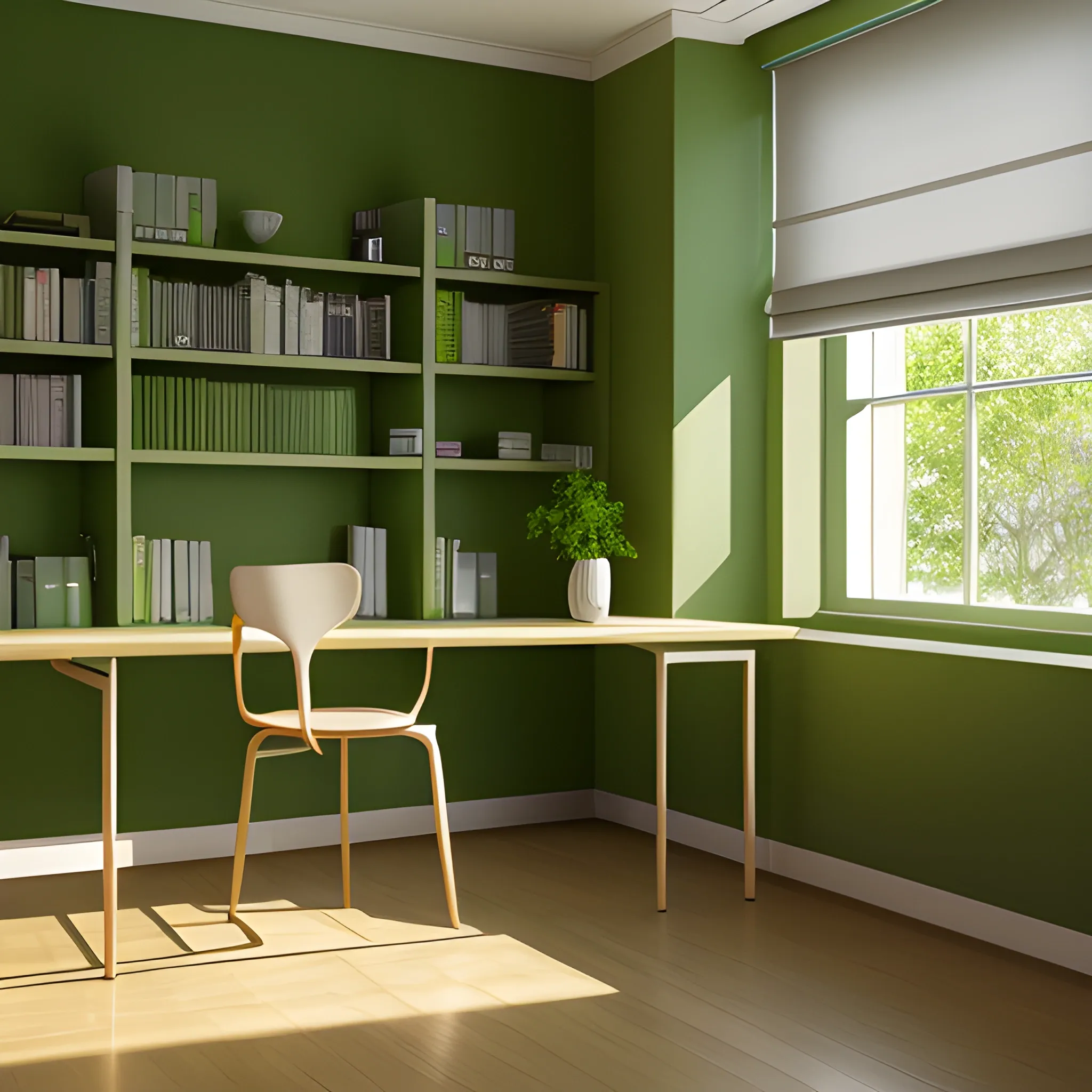 Study room,Modern,Natural lighting,Green Color Palette,extremely detailed,8K,Hyperrealistic,