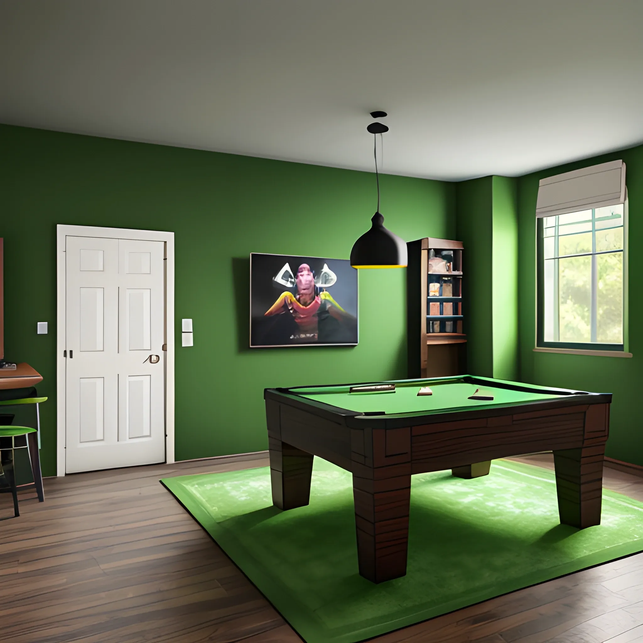 Game room,Modern,Natural lighting,Green Color Palette,extremely detailed,8K,Hyperrealistic,