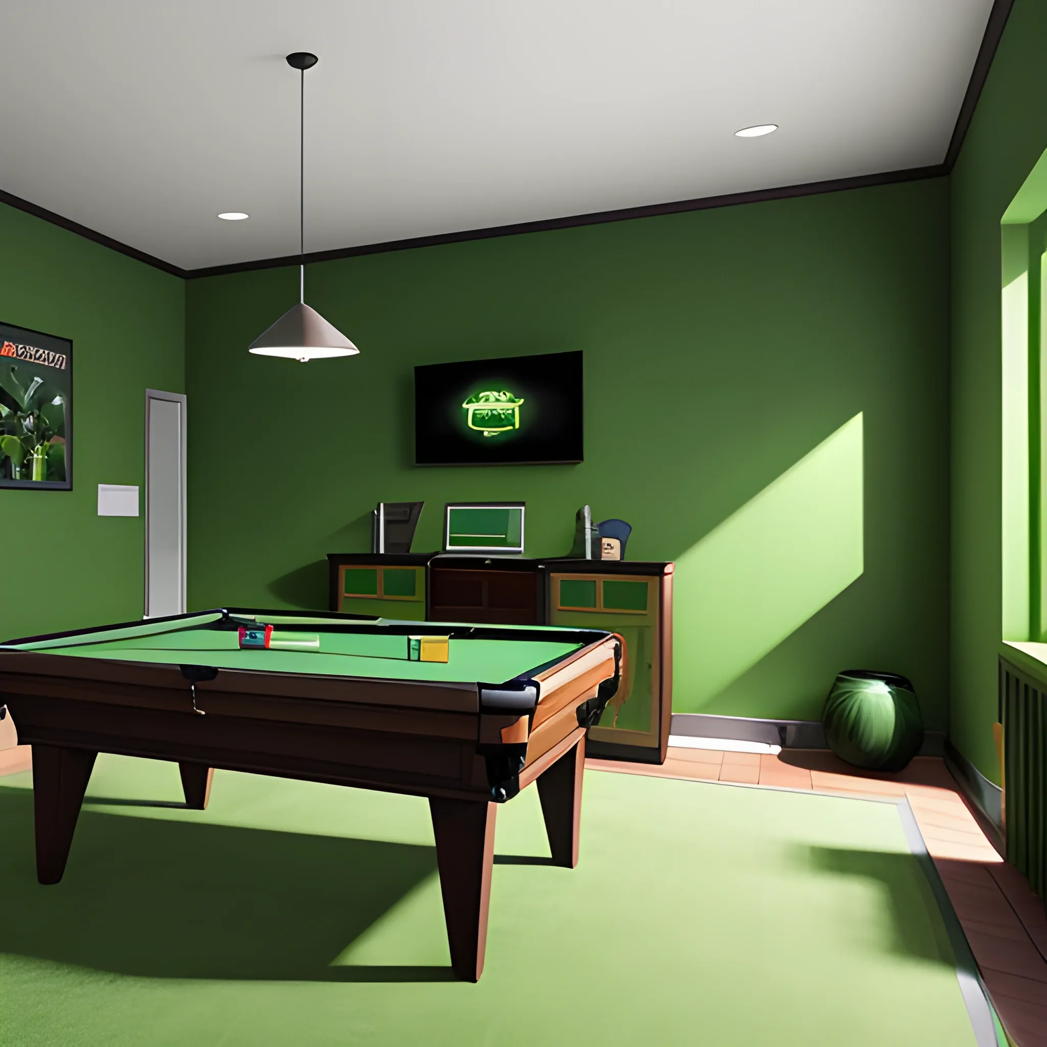 Game room,Modern,Natural lighting,Green Color Palette,extremely detailed,8K,Hyperrealistic,