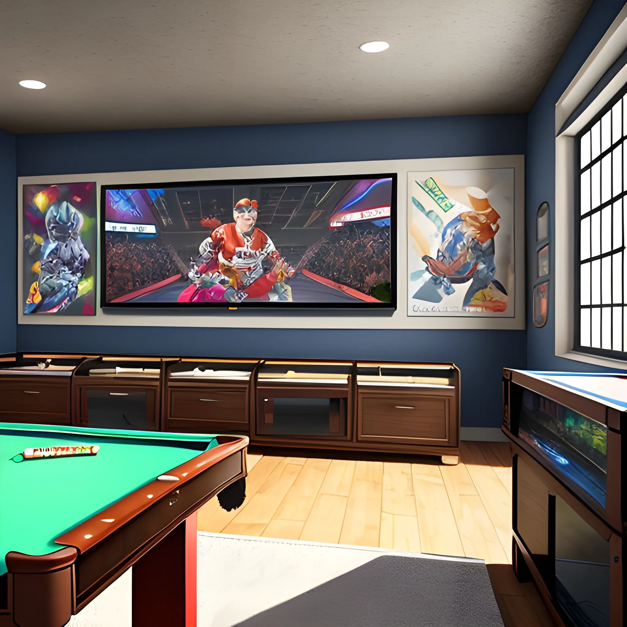 Game room,Modern,Natural lighting,extremely detailed,8K,Hyperrealistic,Artwork, Cartoon