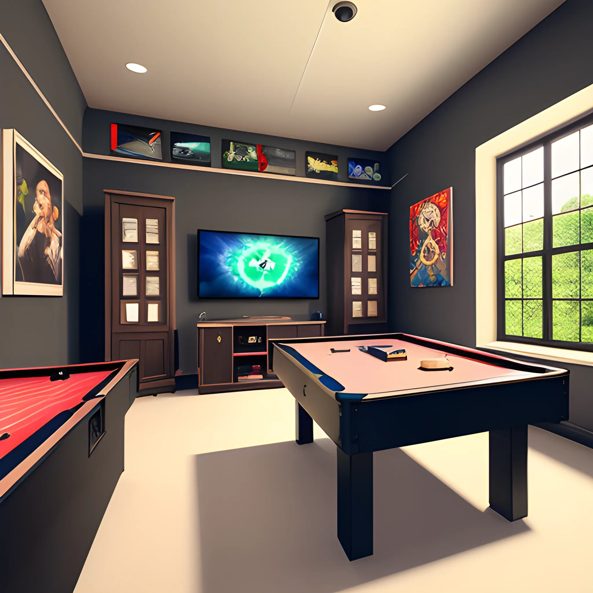 Game room,Modern,Natural lighting,extremely detailed,8K,Hyperrealistic,Artwork