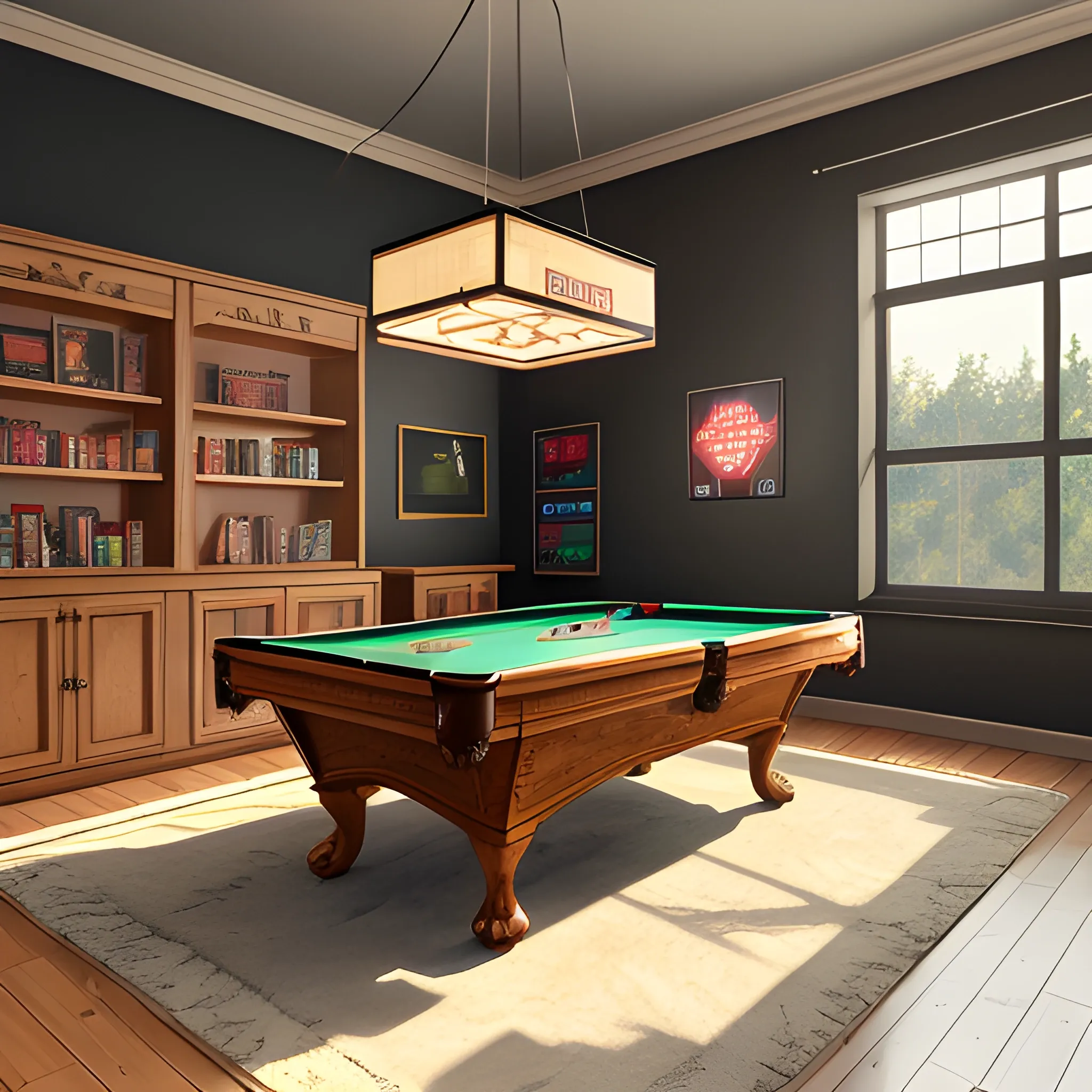 Game room,Modern,Natural lighting,extremely detailed,8K,Hyperrealistic,Artwork, 3D