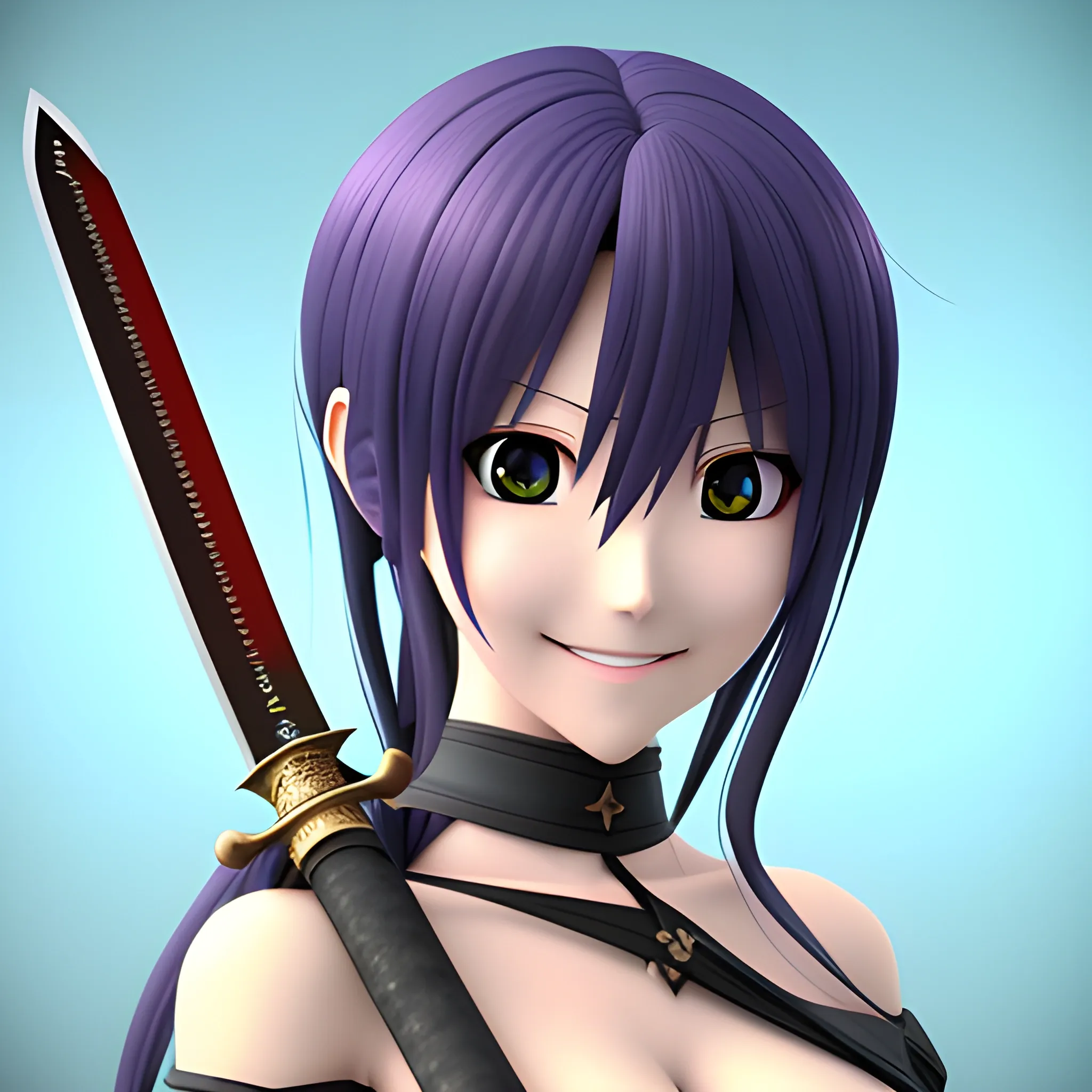 woman anime with sword looking at me with loving eyes with a smile, 3D