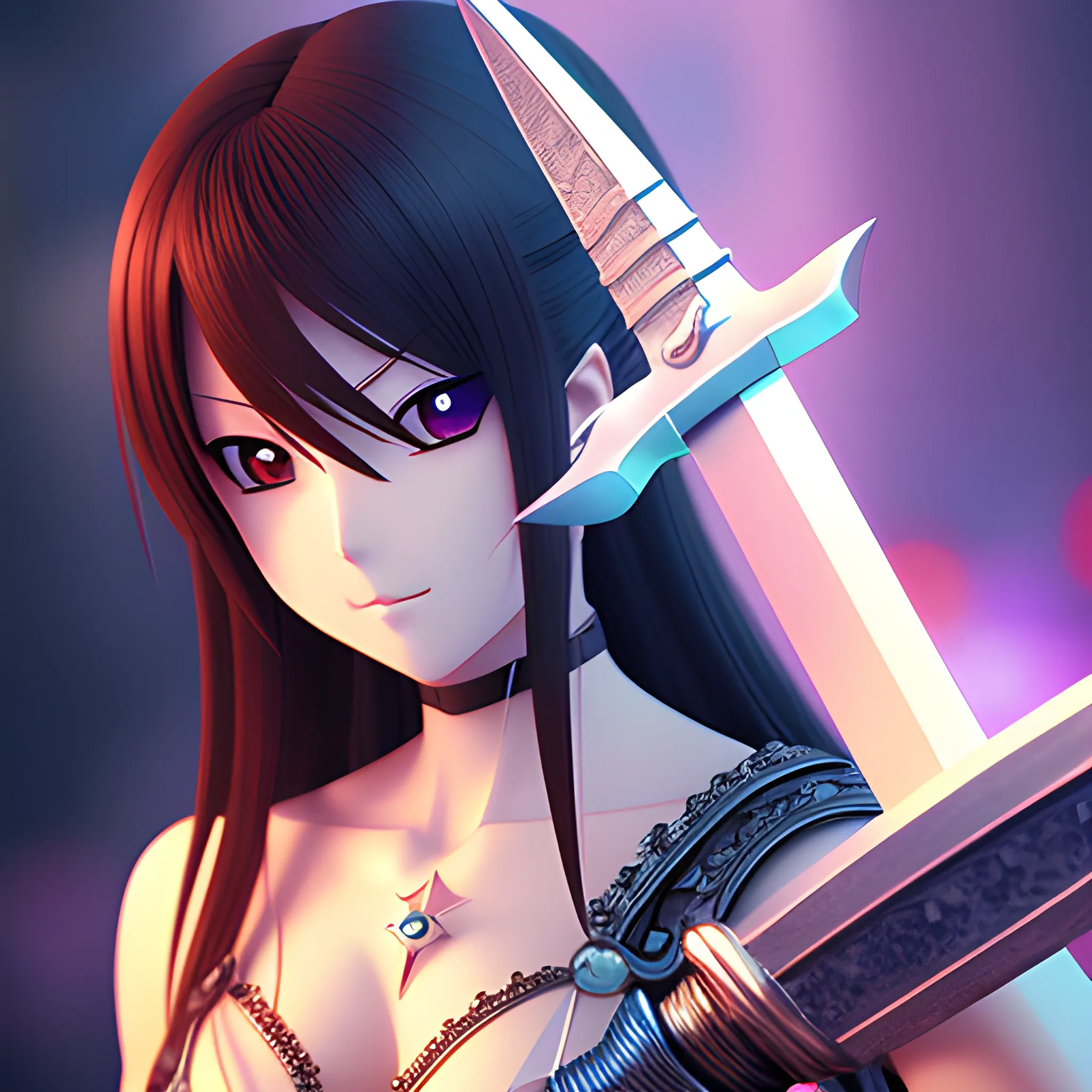 woman anime with sword looking at me with loving eyes , 3D