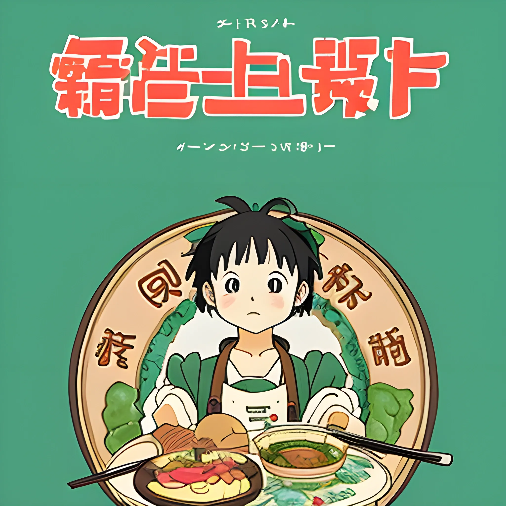 Make a Studio Ghibli-themed cookbook cover, but don't try to draw letters or people, just food.