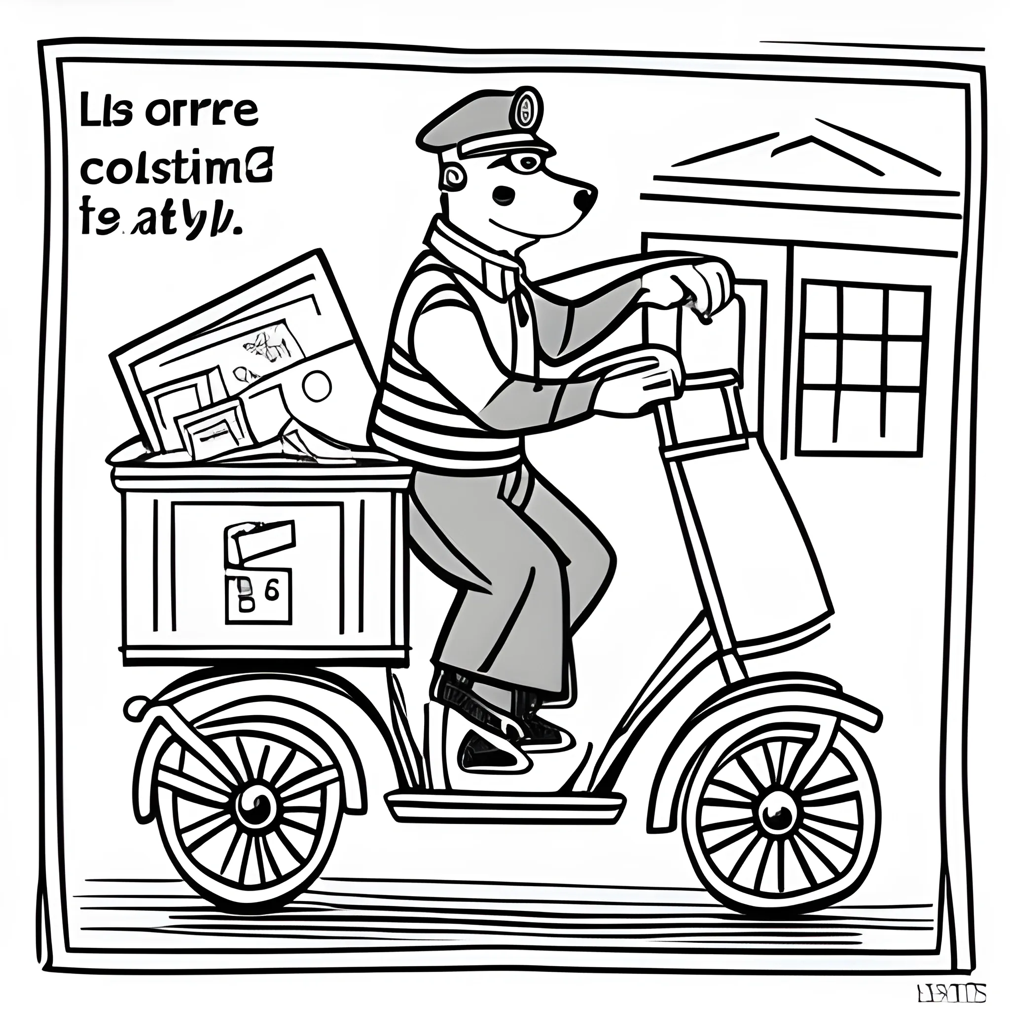 Line art, cartoon character, a postman dog in a cap, a labrador, delivers mail, a trolley, square on two wheels, is attached to the back., Cartoon