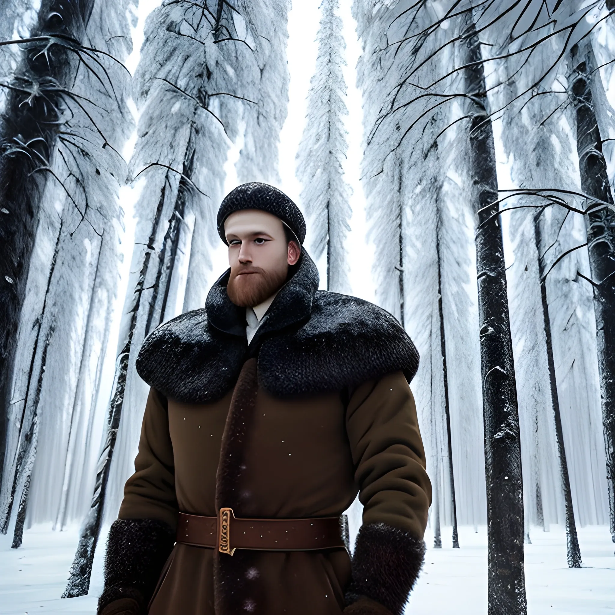 russia as a man in a snoowy forest , 16k , beatiful , masculen , muscles , tall white trees , masterpiece , legend , nice , fokus on man, winter , snow