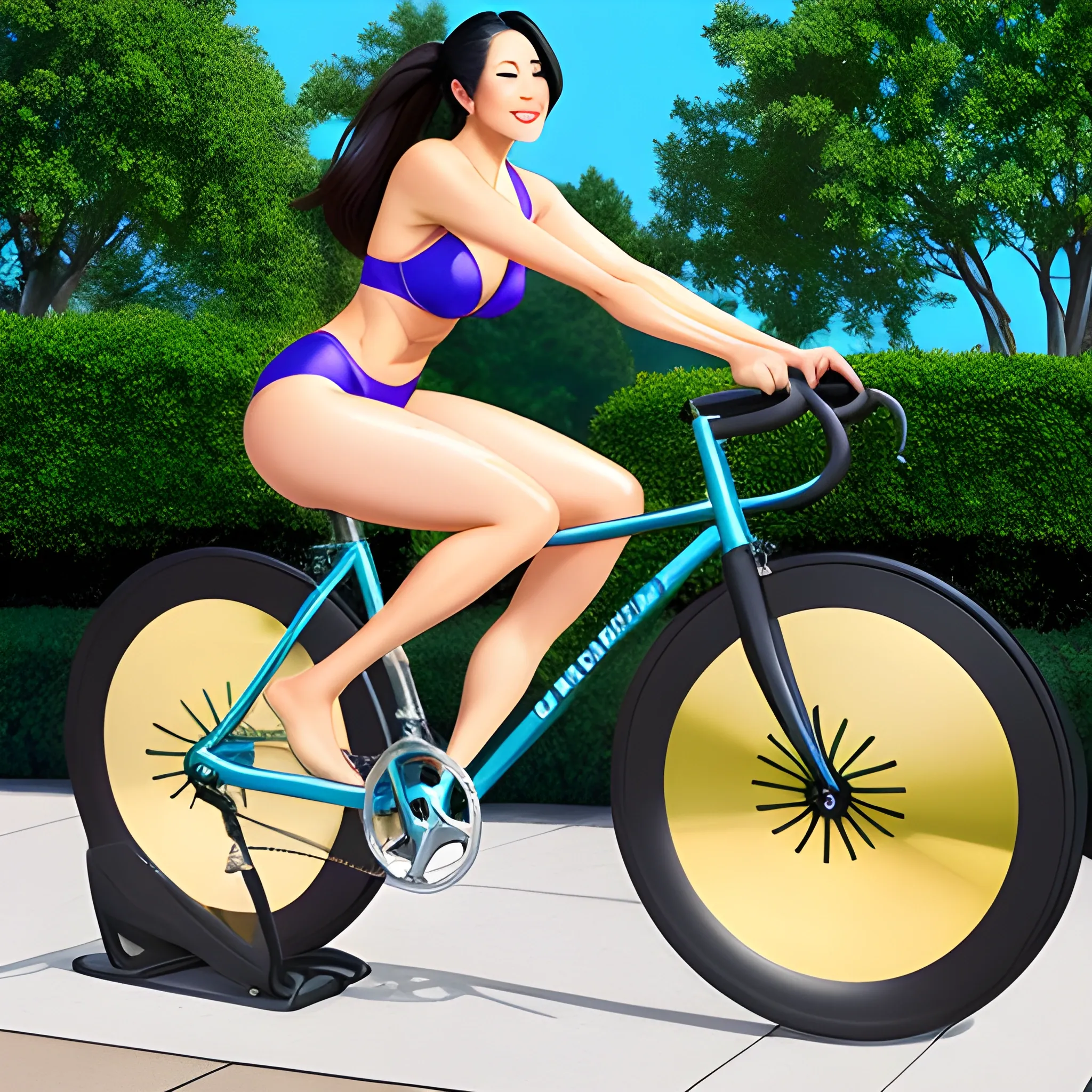 asian girl in bathsuit on a bike ,8k, beatiful , masterpiece , wonderful
