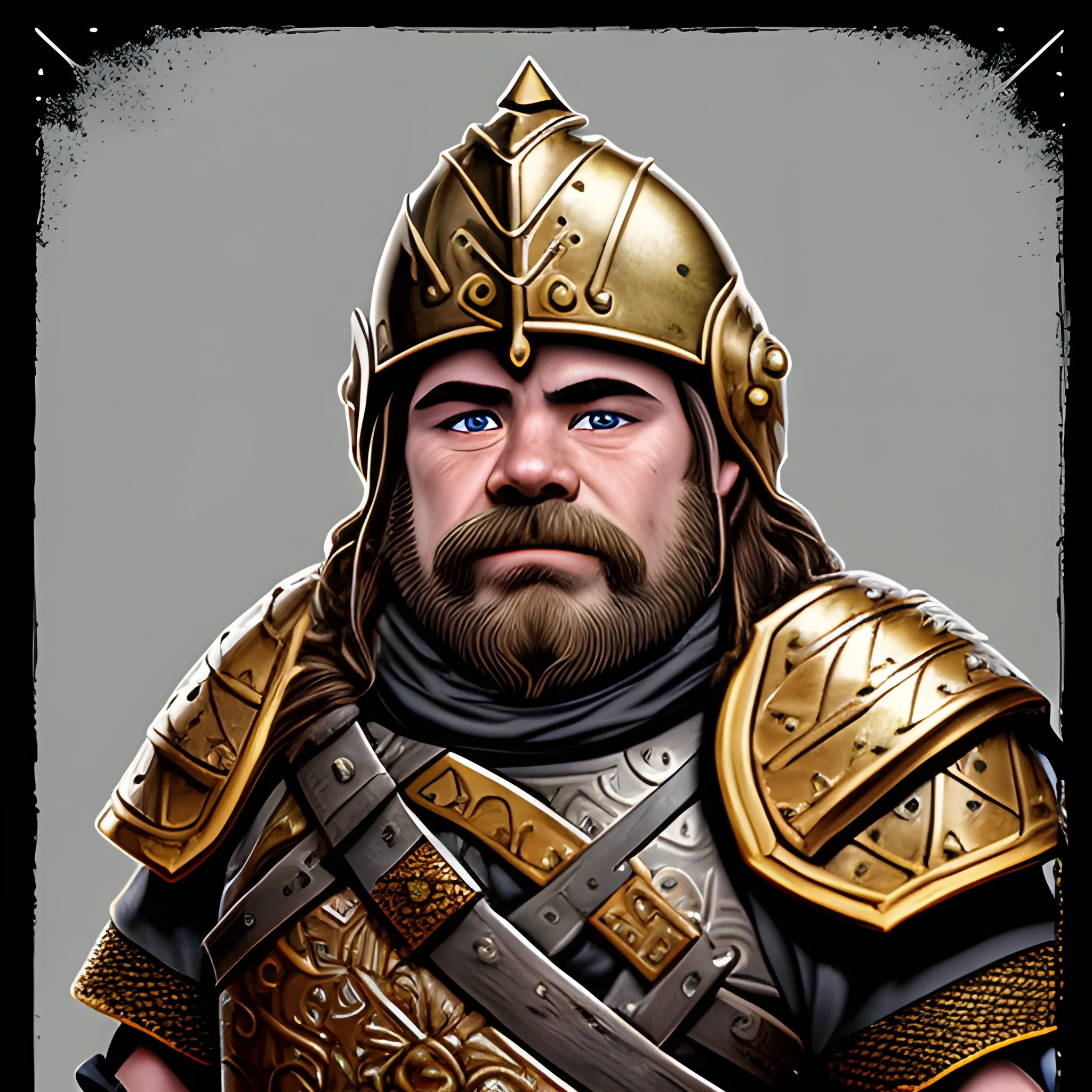 helmeted portrait of dwarf paladin of trade god vergadain,
ceremonial robes and chainmail,
rugged skin
