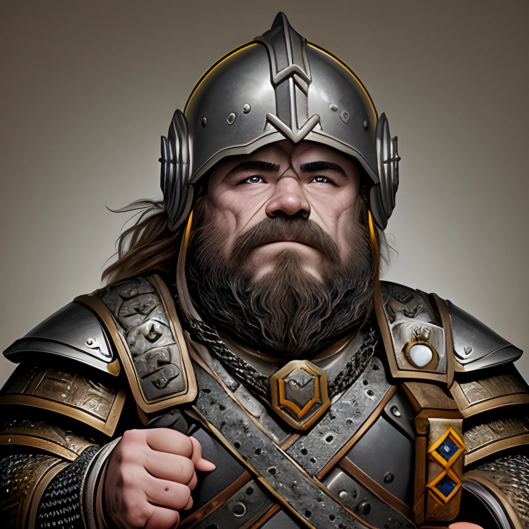 helmeted portrait of dwarf paladin of trade god vergadain,
ceremonial robes and chainmail,
rugged skin,
looking mean
