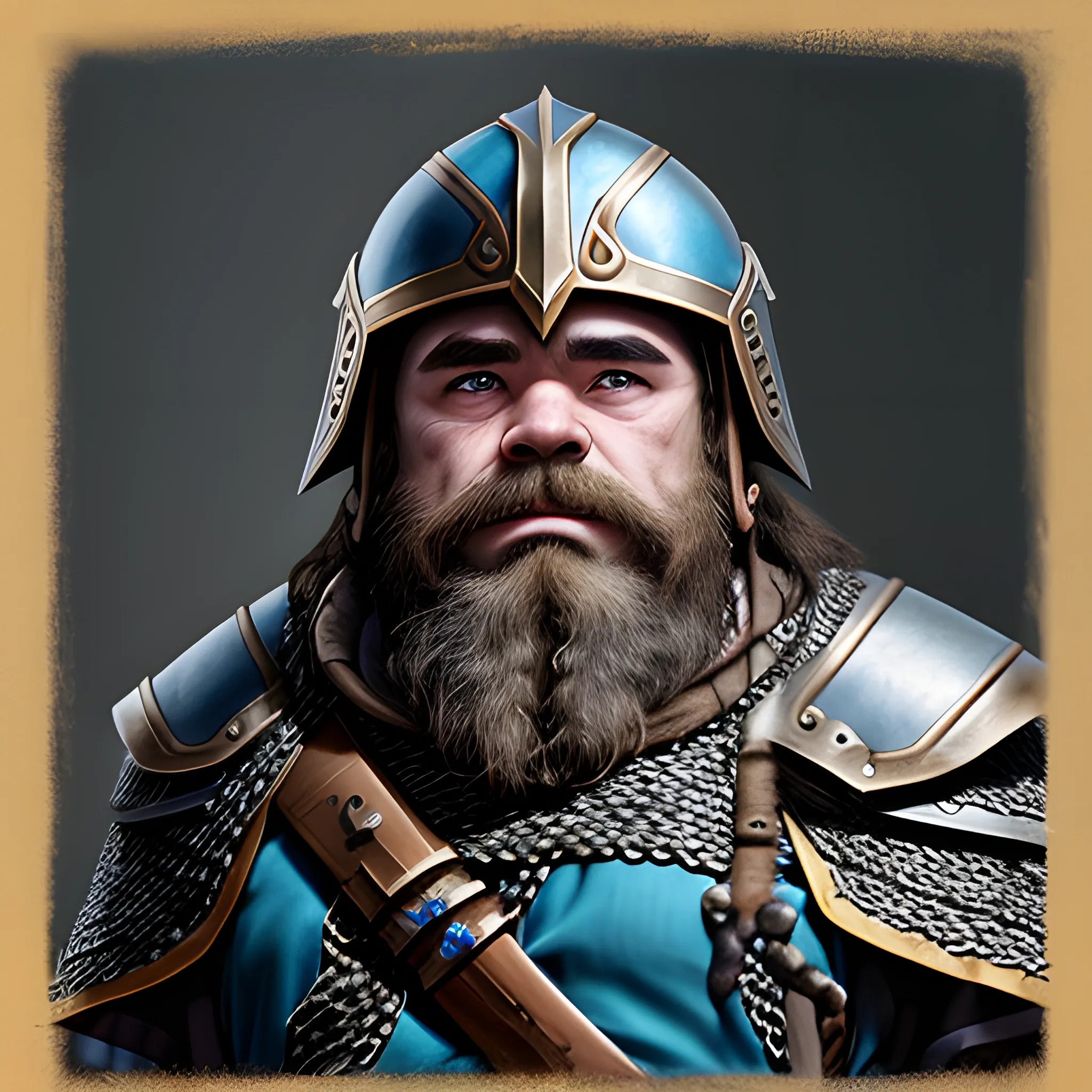 helmeted portrait of dwarf paladin of trade god vergadain,
blue ceremonial robes and chainmail,
rugged skin,
looking mean
