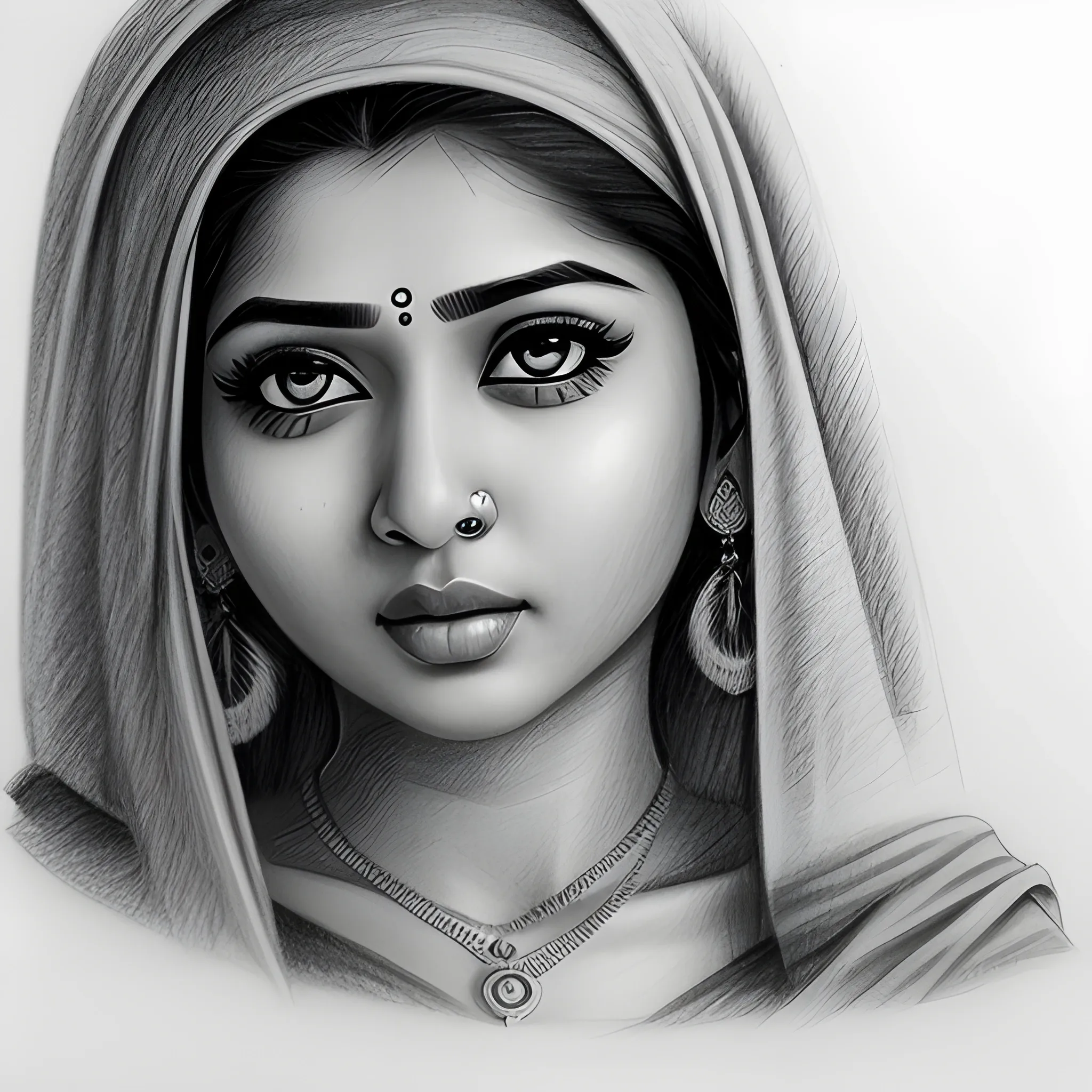 Sketches and Drawings : pencil portrait - Indian woman
