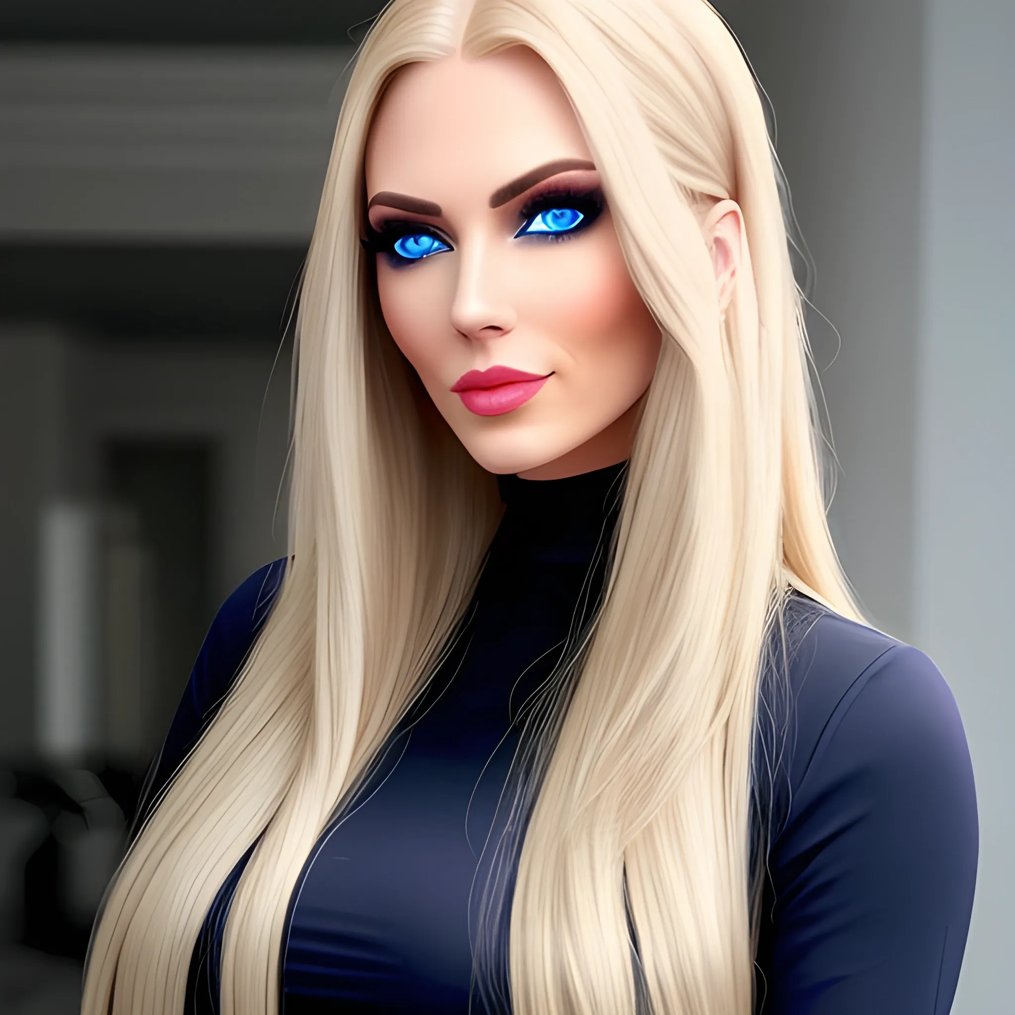 Beautiful girl with blue eyes, dark long blonde hair, high detail, casual dress
