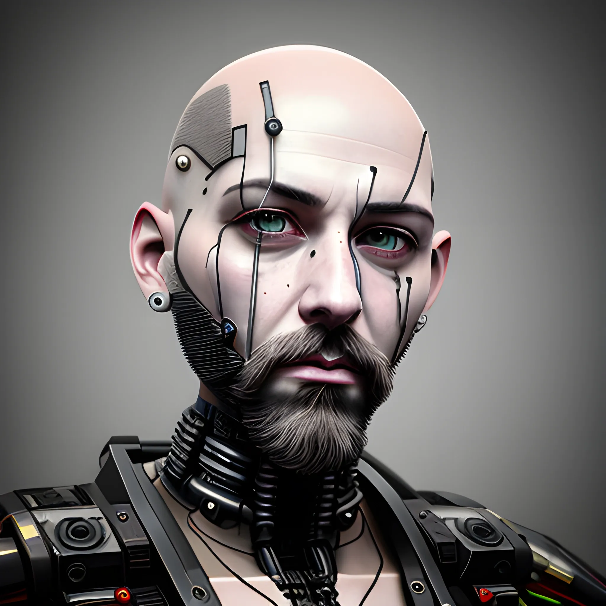 bald shaved hair, with full beard, cyberpunk, robot, Best quality, masterpiece, ultra high res,(photo realistic:1.4), surrealism, dream-like,credenza,Mr_MC_S-ART_V1, <lora:Mr_MC_S-ART_V1:0.9>, Pencil Sketch