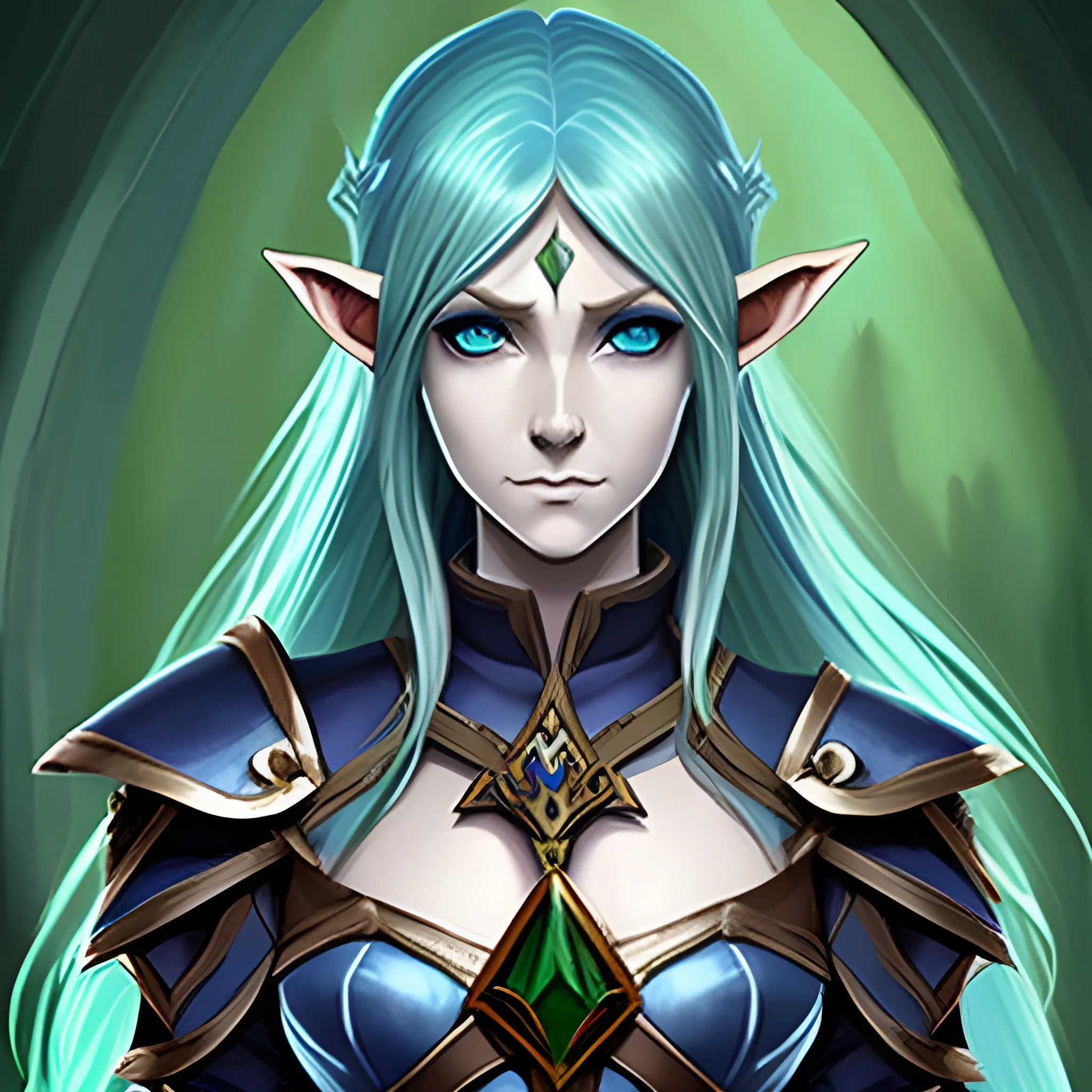 Create a dungeons and dragons character which is an Eladrin Elf Paladin Oath of Redemption with darkblue hair and green eyes, Water Color