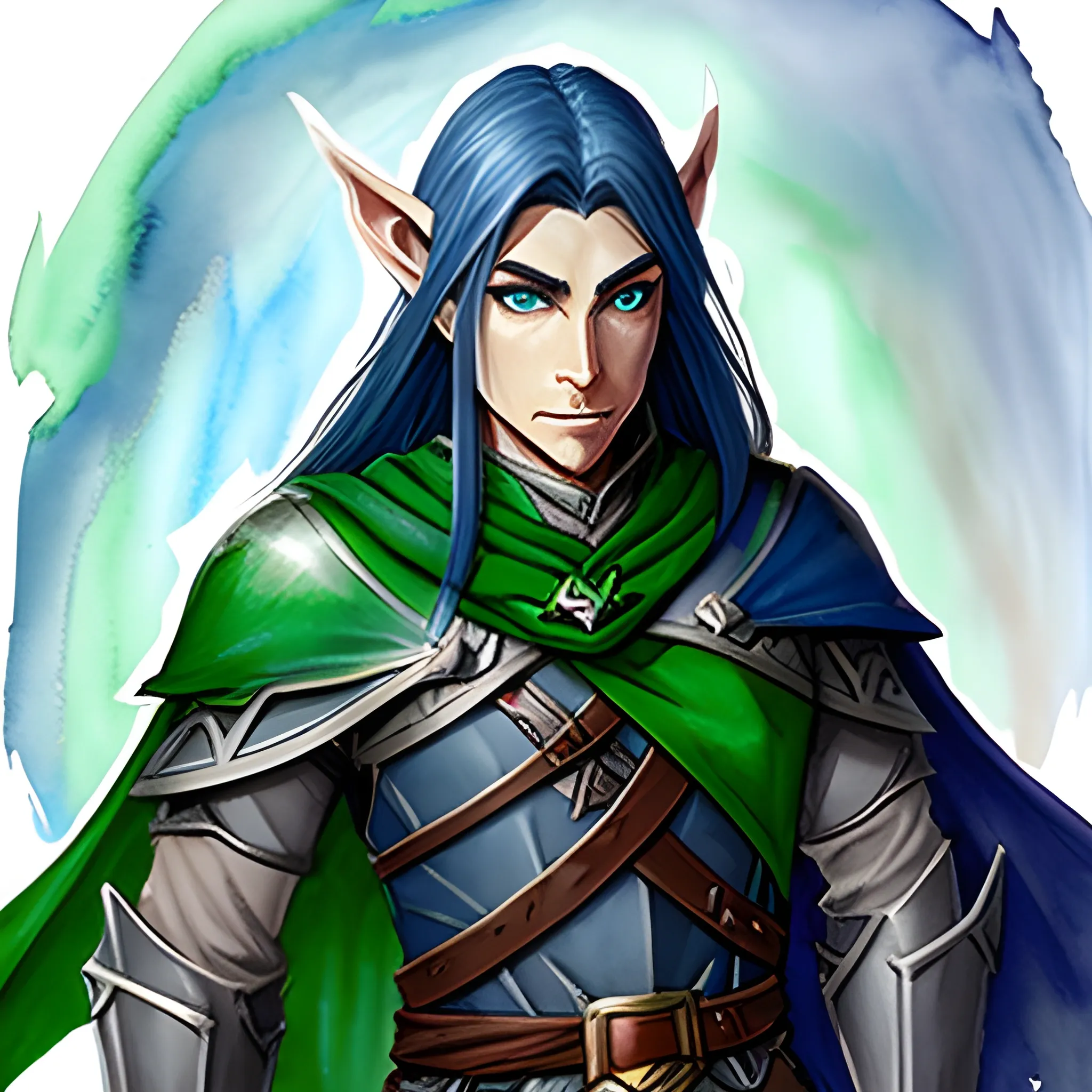 Create a dungeons and dragons character which is an Eladrin Elf male Paladin Oath of Redemption with darkblue long hair and green eyes, , Water Color