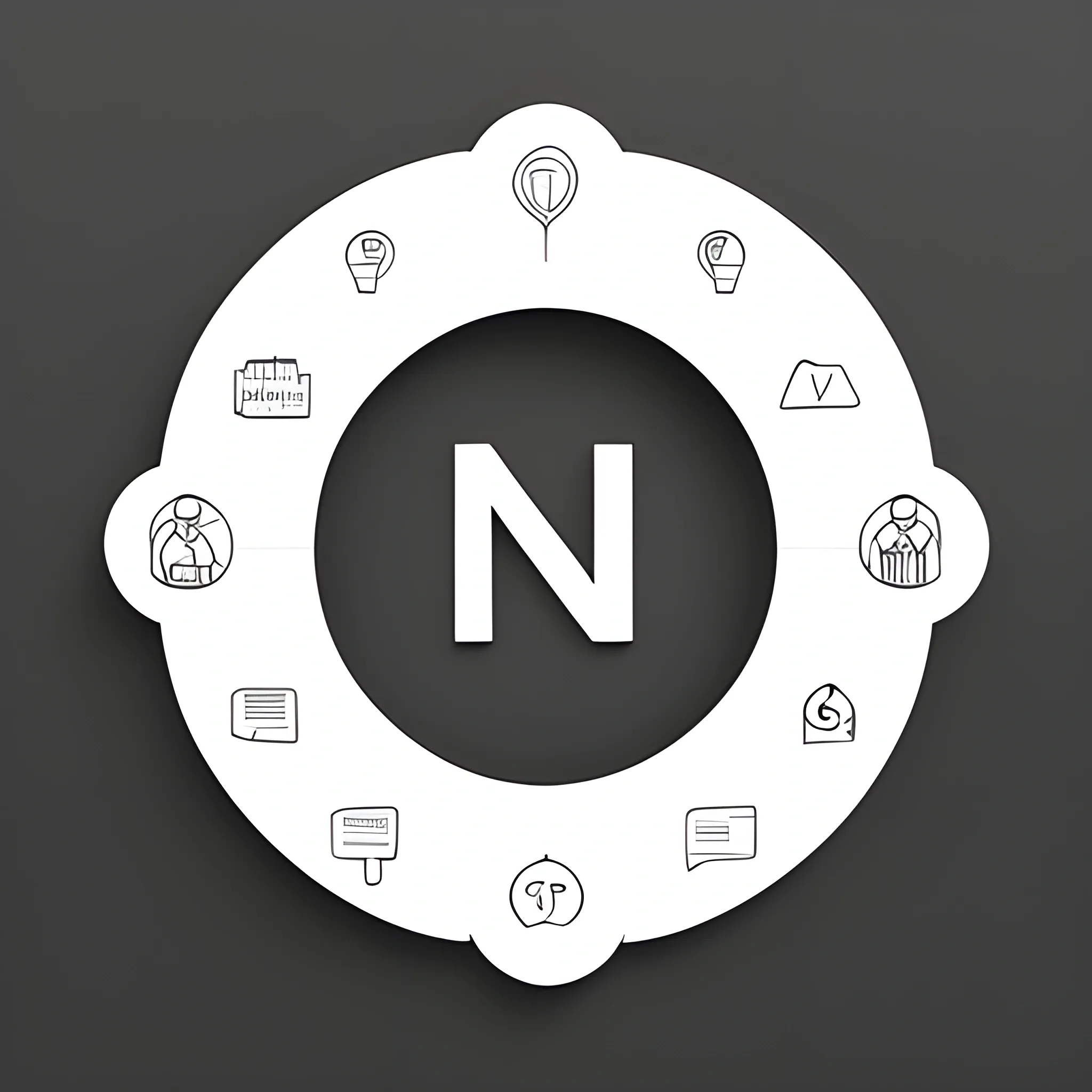 letter N ,  location based  icon featuring a circle formed by silhouettes of people engaged in various activities, emphasizing the app's focus on connecting individuals with shared interests. simple
, 3D, 3D, Pencil Sketch