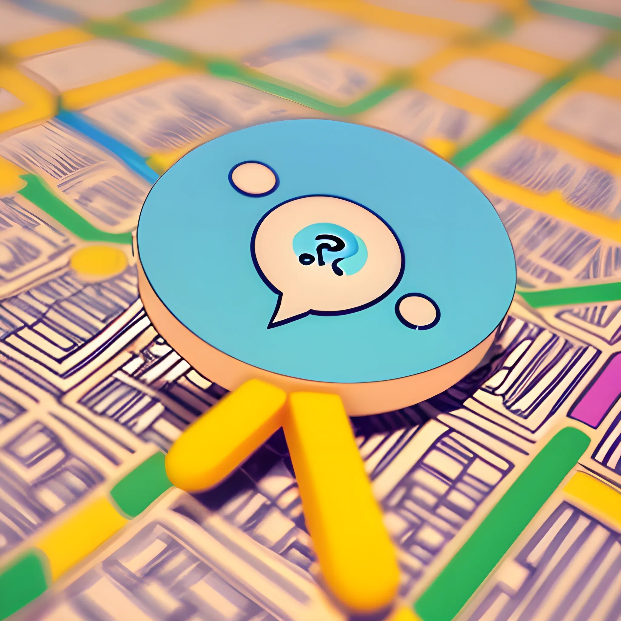 Geolocation Pin with Chat Bubbles: Combine a geolocation pin symbolizing nearby connections with chat bubbles representing group messaging, showing that the app brings people together for both activities and communication. simple
3D, Pencil Sketch, Cartoon