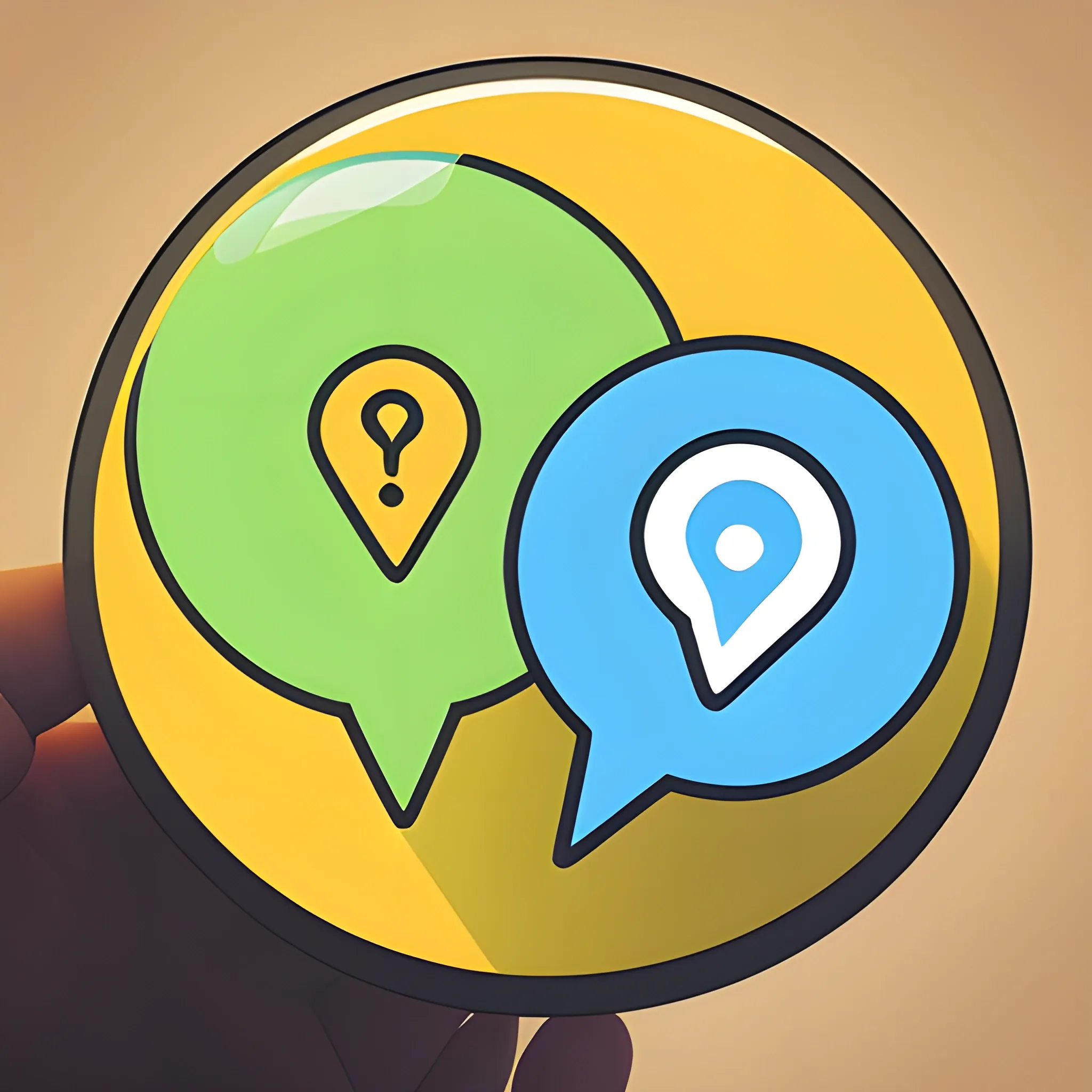 Geolocation Pin with Chat Bubbles: Combine a geolocation pin symbolizing nearby connections with chat bubbles representing group messaging, showing that the app brings people together for both activities and communication. simple app icon
3D, Pencil Sketch, Cartoon