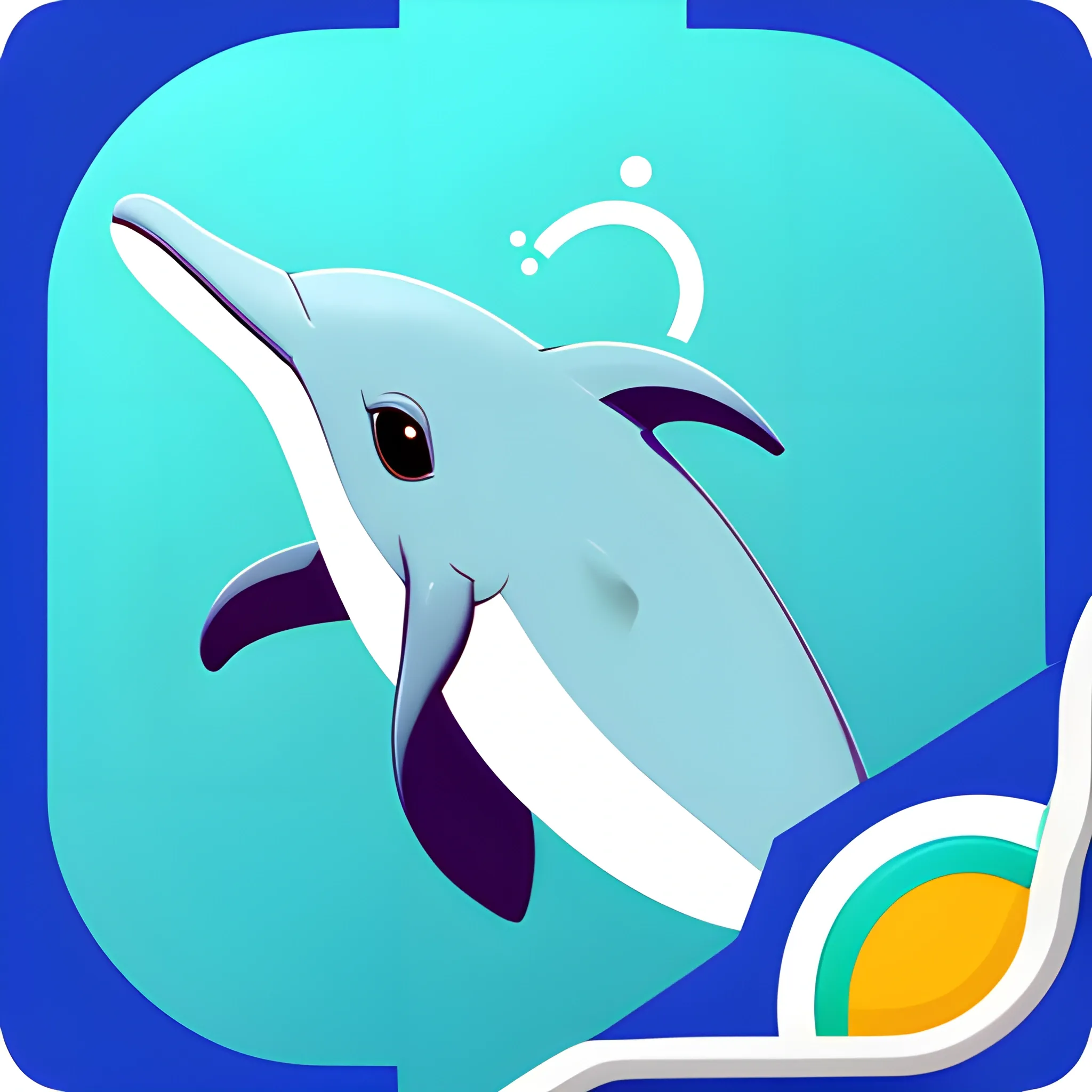 The app icon depicts a cute and simplified cartoon dolphin. The dolphin has a smooth and sleek body, with a graceful curved shape to portray its swimming motion. Its eyes are big, round, and expressive, giving it a warm and inviting look.

The dolphin's mouth is curved upward in a friendly smile, signifying the app's positive and engaging nature. It has a small fin on its back and two flippers on each side, adding to the playful and energetic appearance.

To symbolize the app's focus on nearby connections, the dolphin is shown with a subtle radar-like circle emitting from its head, indicating its ability to detect and connect with other users in the vicinity.

The color scheme is bright and vibrant, with shades of blue for the dolphin's body to represent the ocean and its natural habitat. The radar circle could be a slightly lighter shade of blue or a different color like green or turquoise, making it stand out while complementing the overall design.

The entire icon is set against a transparent or lightly colored background, ensuring that the dolphin is the central focus and can be easily recognized even in smaller sizes.

This cartoon dolphin app icon conveys a sense of friendliness, communication, and connection while maintaining a simple and approachable style that can effectively represent the NearHub app.