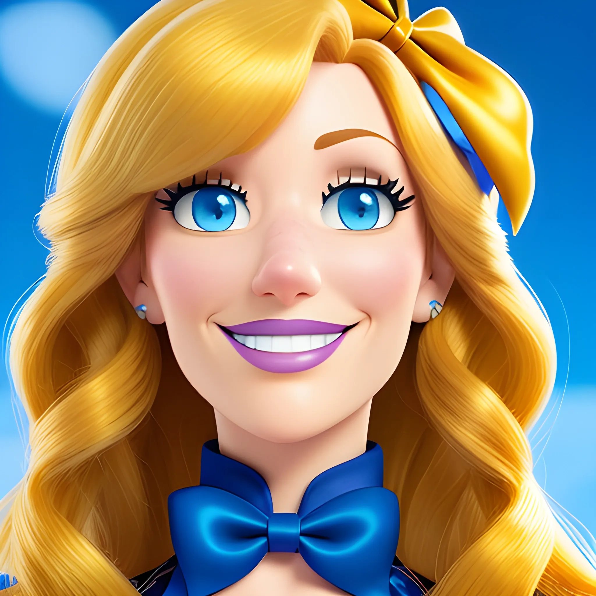 A portrait from the unreleased Pixar film 8K, the character description is a young 18-year-old princess, long straight golden hair with a bow accessory, and bright blue eyes.  Cartoon, He has a friendly smile and a charming appearance