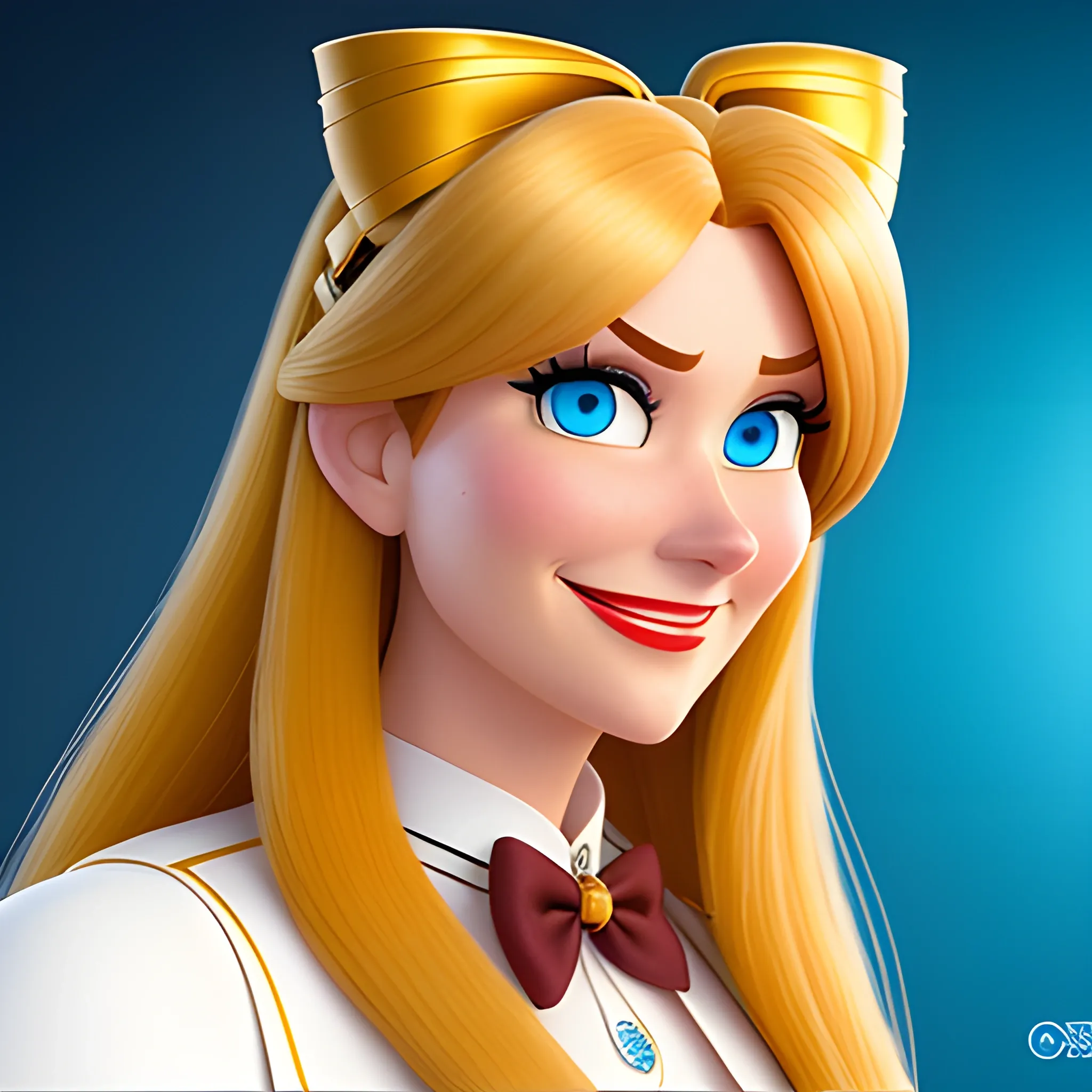 A portrait from the unreleased Pixar film 8K, the character description is a young 18-year-old princess, long straight golden hair with a bow accessory, and bright blue eyes.  Cartoon, He has a friendly smile and a charming appearance