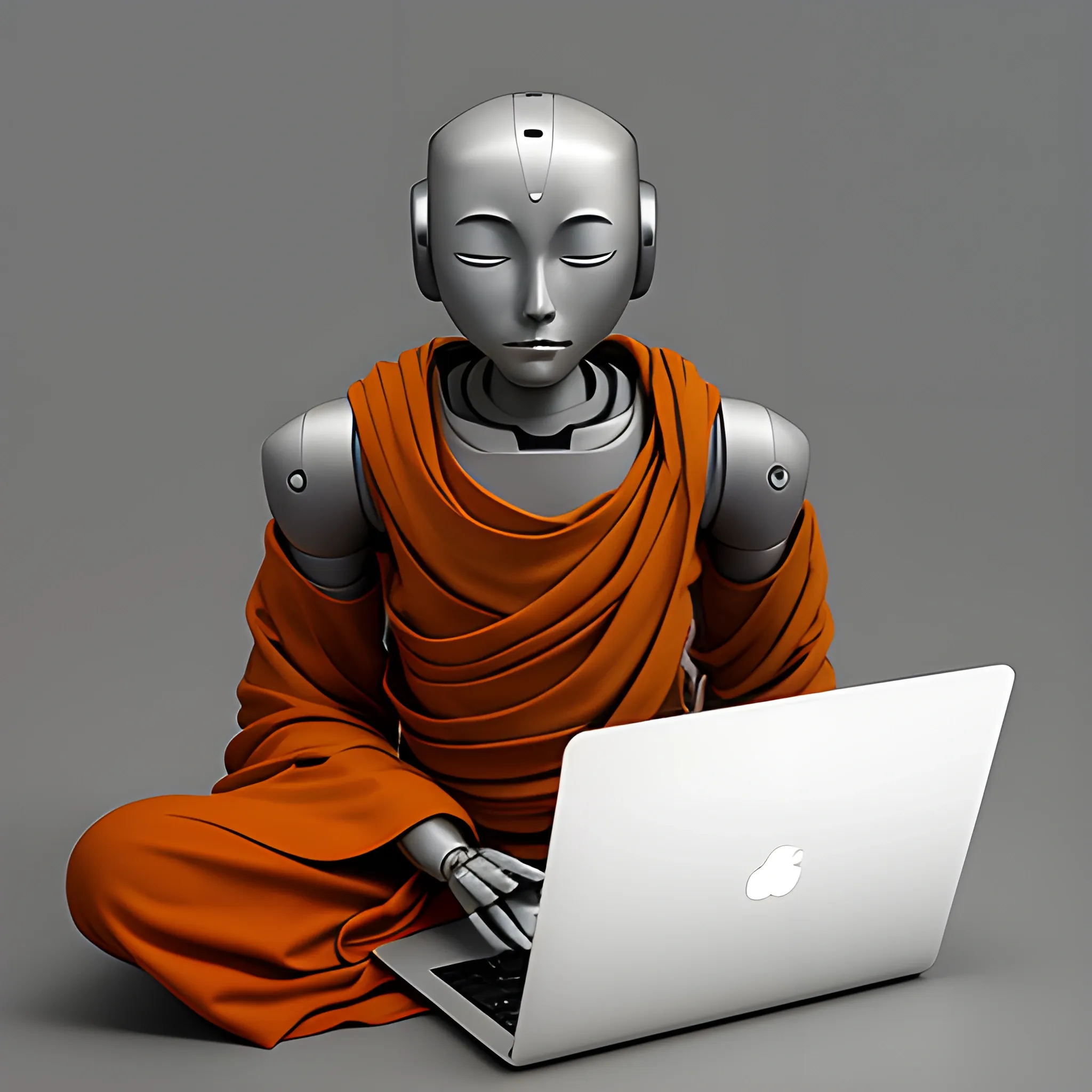 a portrait of calm monk robot sitting in meditation with laptop