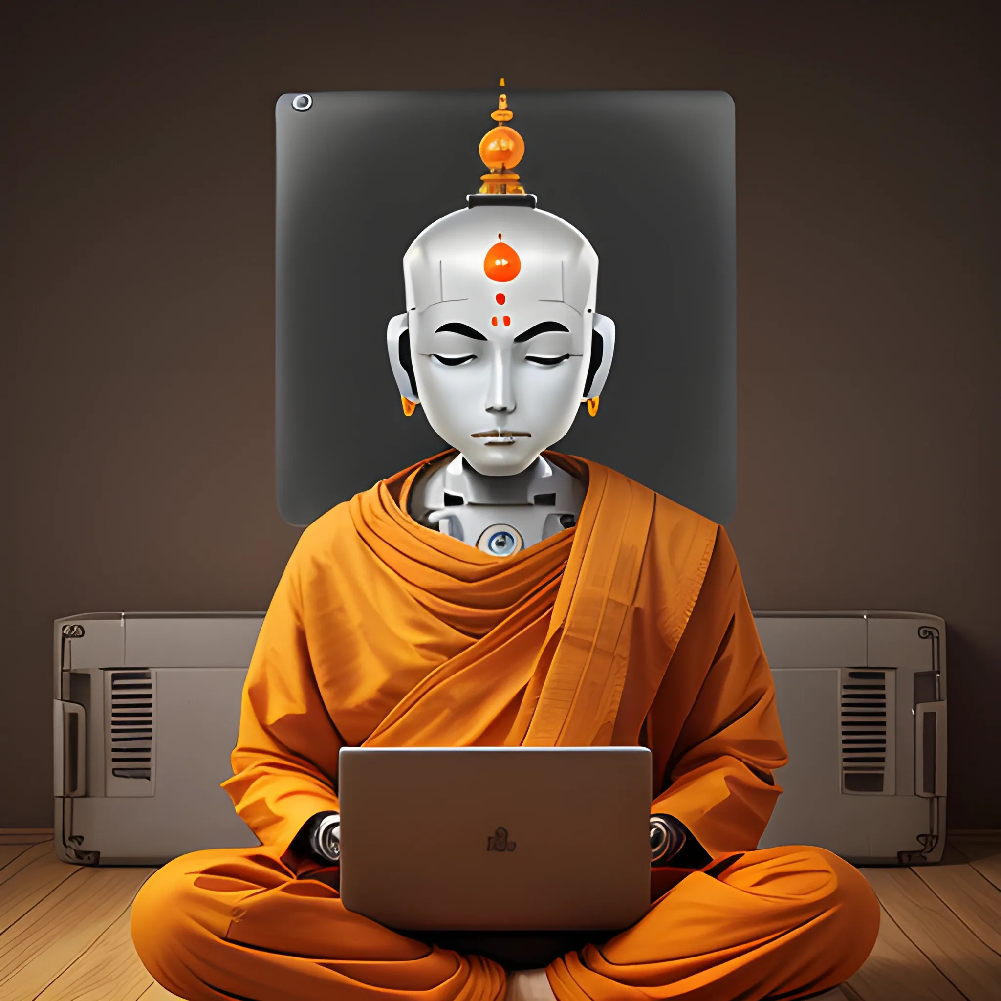 a portrait of calm monk robot sitting in meditation with laptop with Hindu tilak on forehead