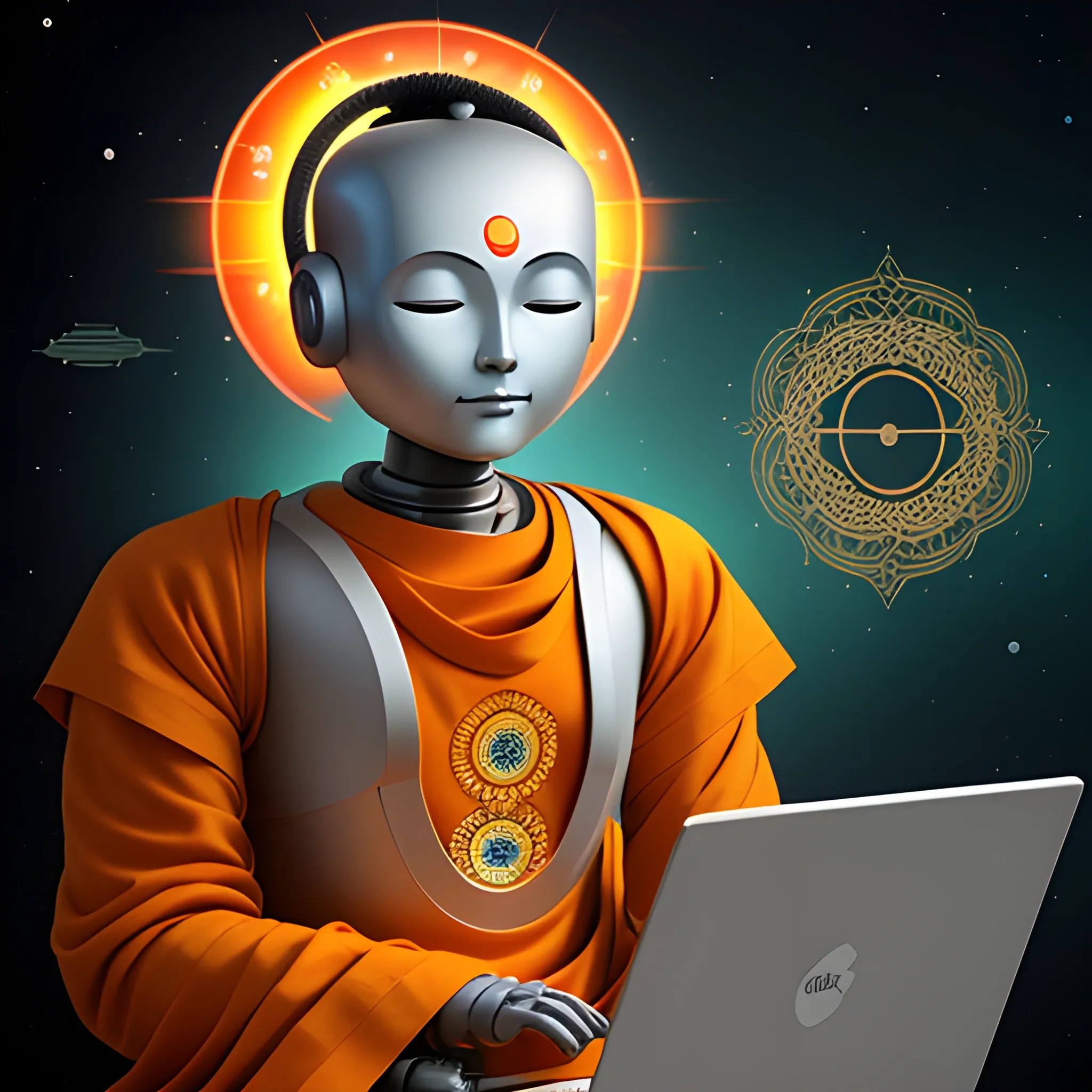 a portrait of calm monk robot sitting in meditation with laptop with Hindu tilak on forehead, cosmos background