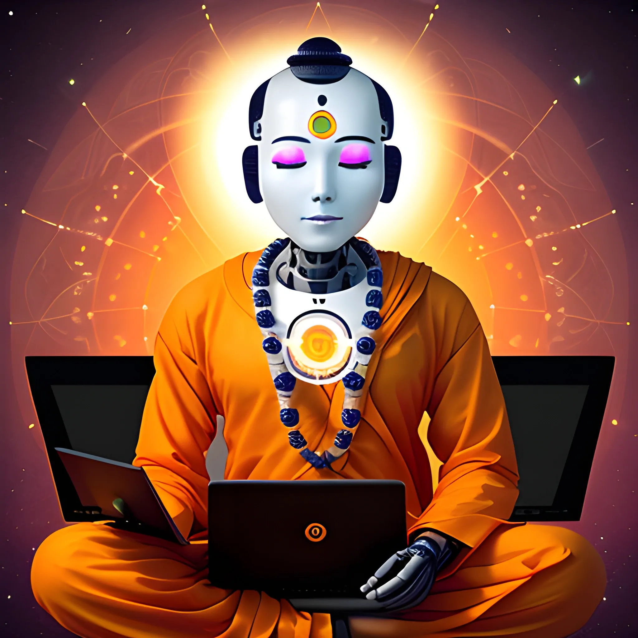 a portrait of calm robotic monk sitting in meditation with laptop with Hindu tilak on forehead, cosmos background