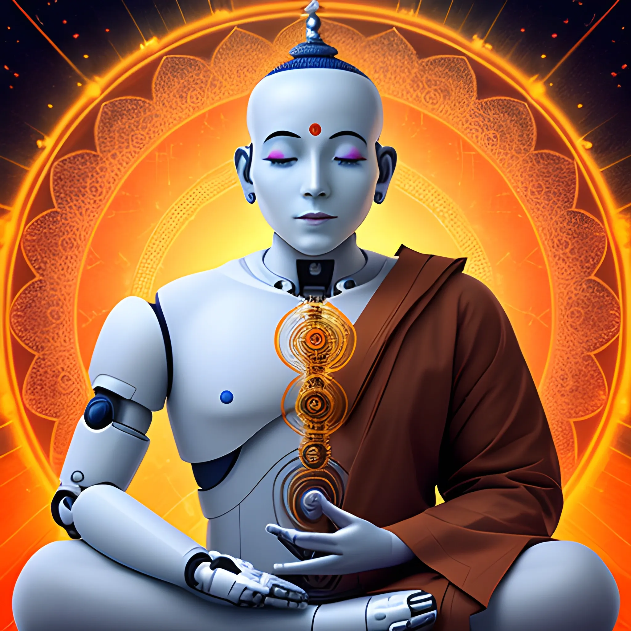 a portrait of calm male robotic monk sitting in meditation  with Hindu tilak on forehead, cosmos background