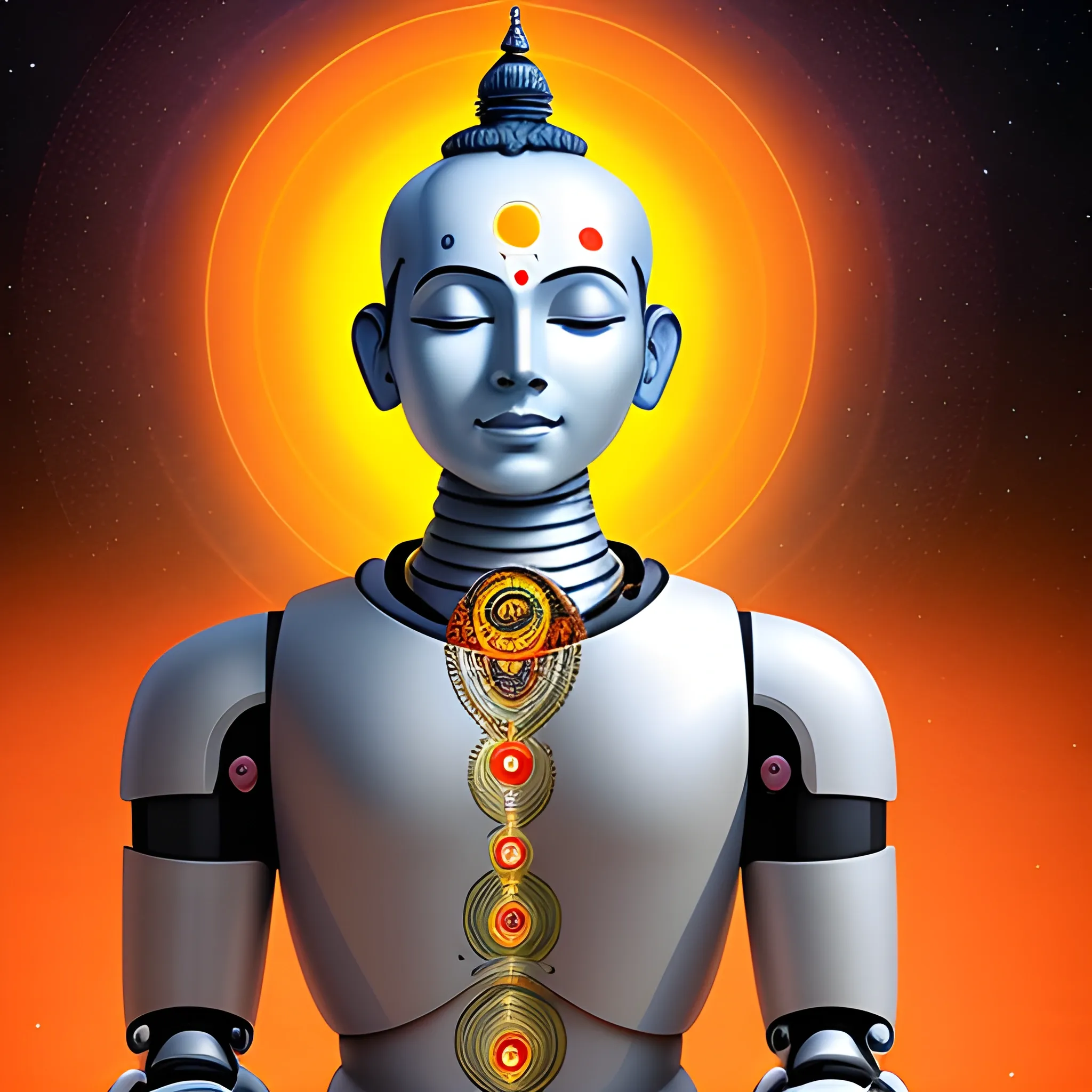 a portrait of calm male hindu robotic monk sitting in meditation  with Hindu tilak on forehead, cosmos background