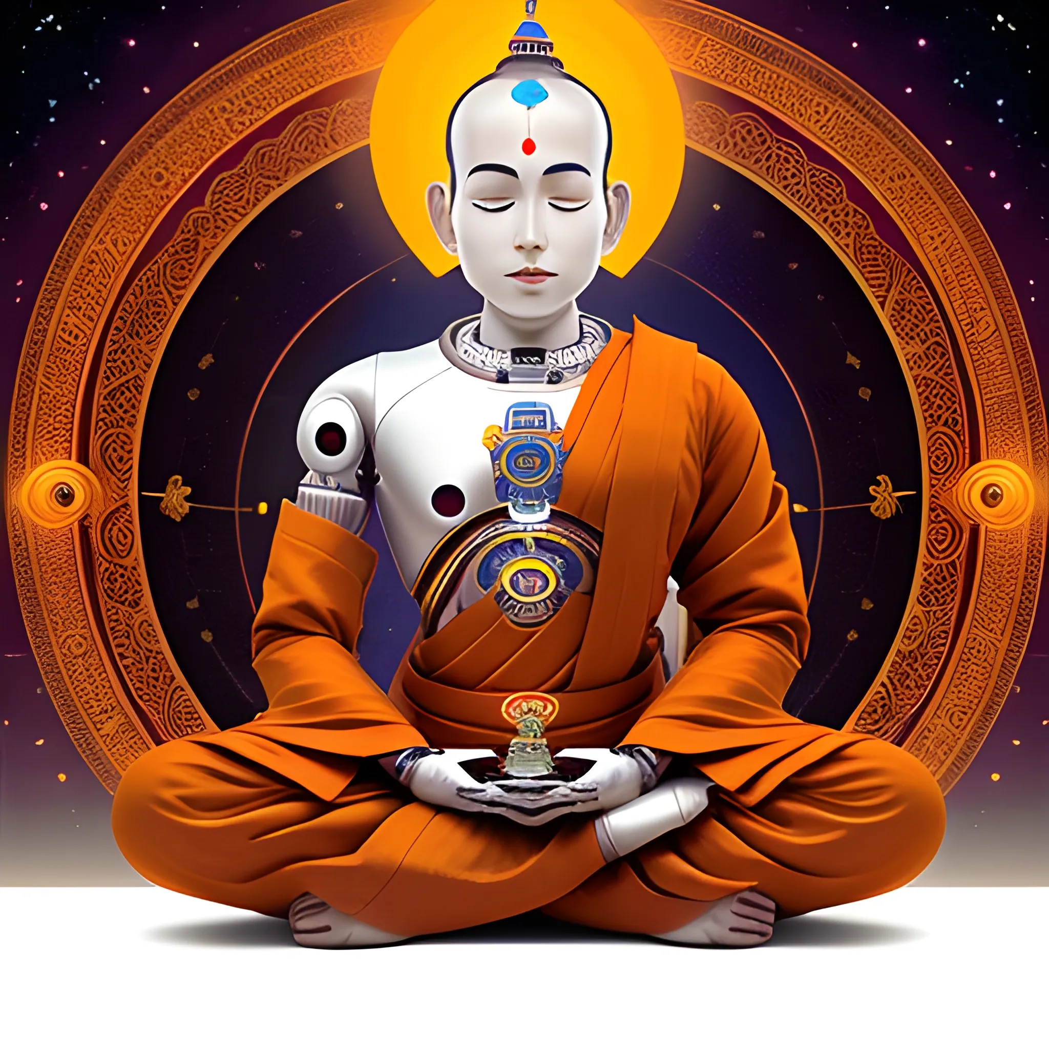 a portrait of calm male robotic monk sitting in meditation with Hindu tilak on forehead with complete cosmos background