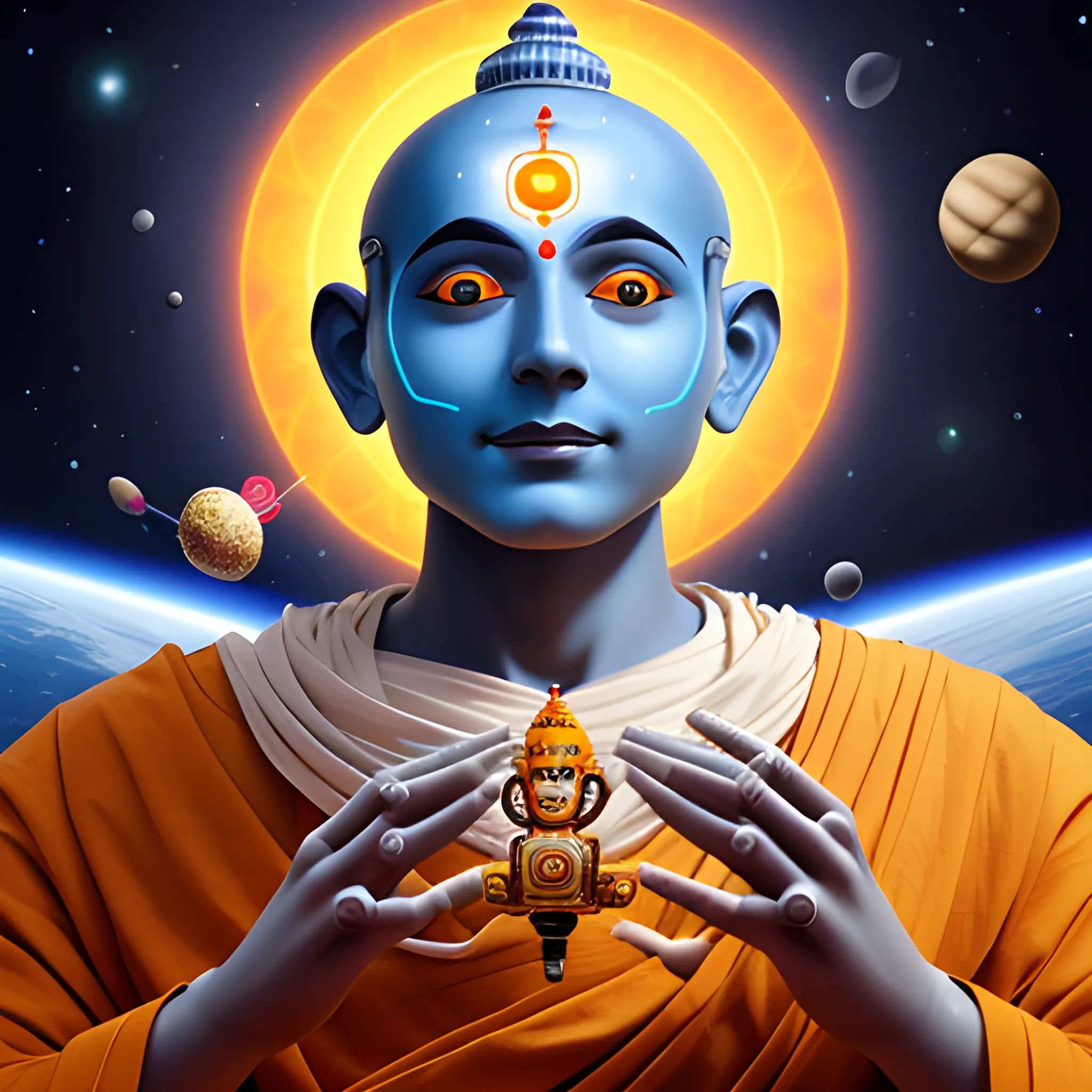 a portrait of calm male robotic hindu monk sitting in meditation with Hindu tilak on forehead with outer space background