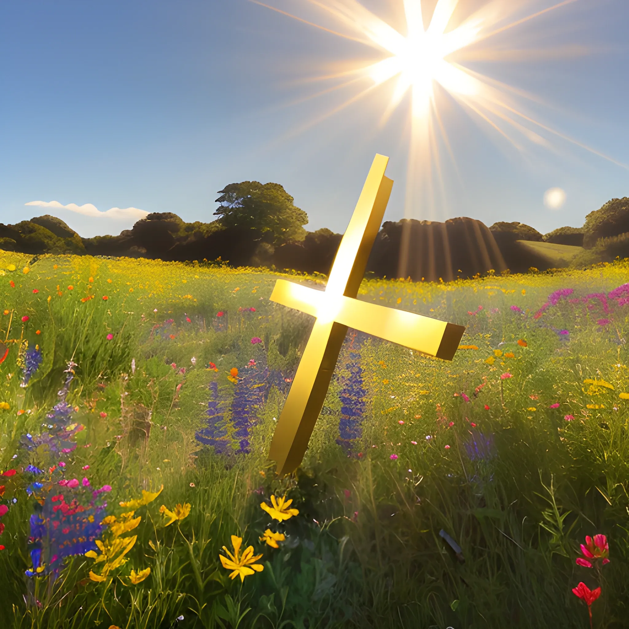 A golden cross with a beam of sunlight behind it, surrounded by a field of wildflowers and a bright blue sky.