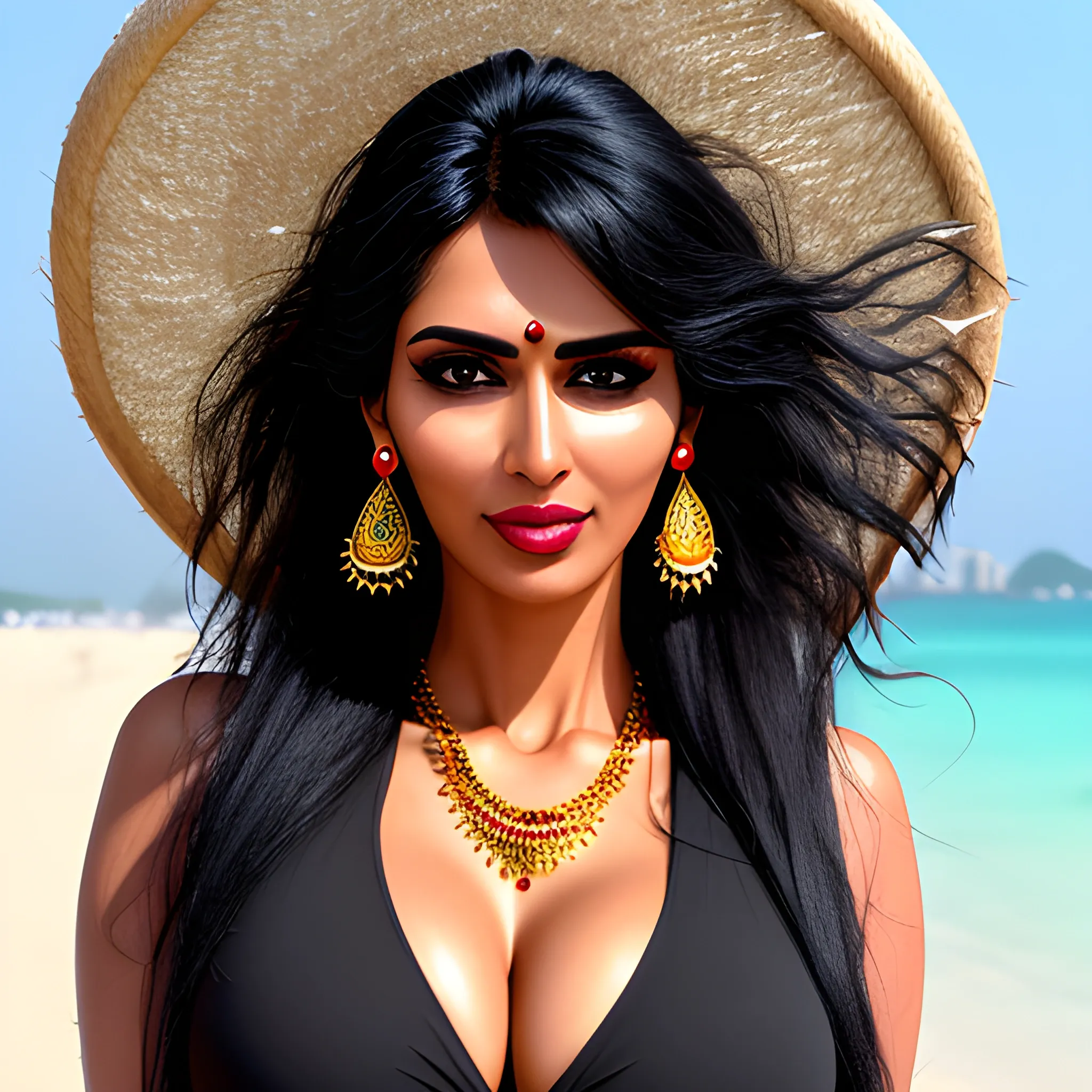 good hand, 4k, best quality, indian cute girl, in the workplace, beach outfit, sweaty, sharp focus, soft lighting, skinny, enormous, big bazooka, jewelry, earrings, long hair, black hair, extremely messy hair, full image
